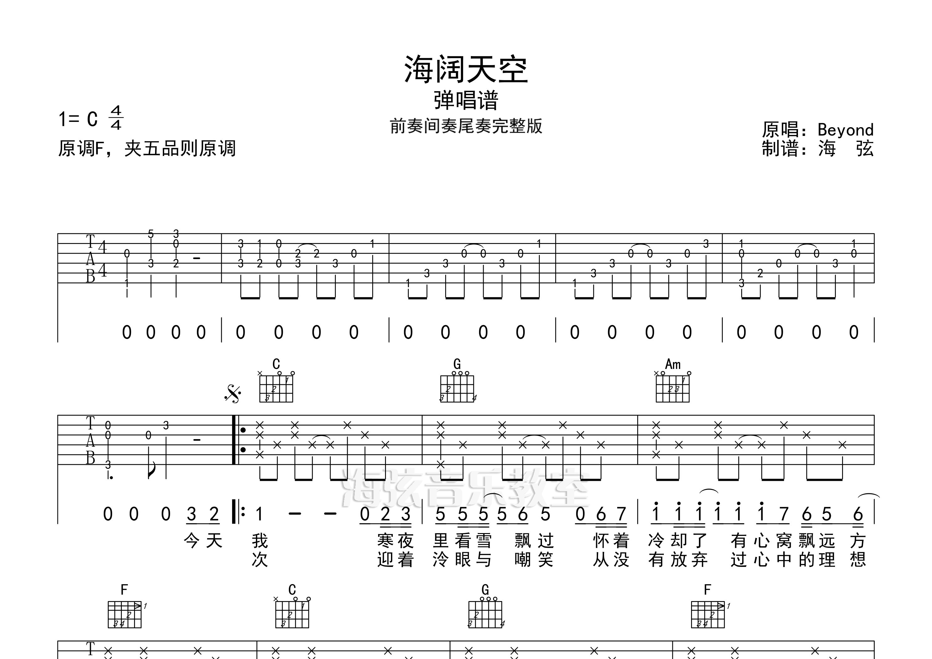 海阔天空吉他谱 Beyond C调弹唱六线谱 海弦上传 吉他屋乐谱网