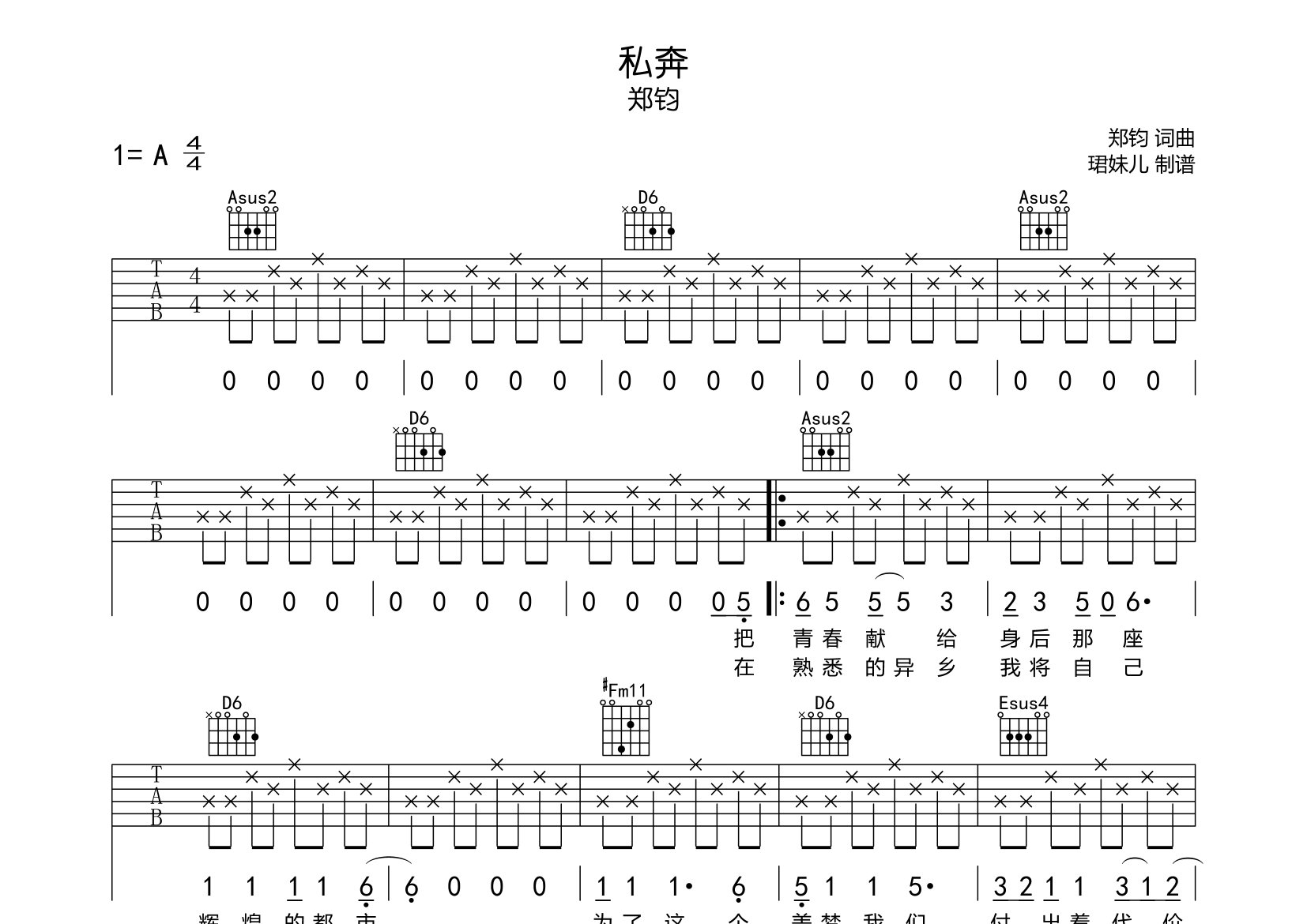 私奔吉他谱_郑钧_A调弹唱六线谱_珺妹儿上传