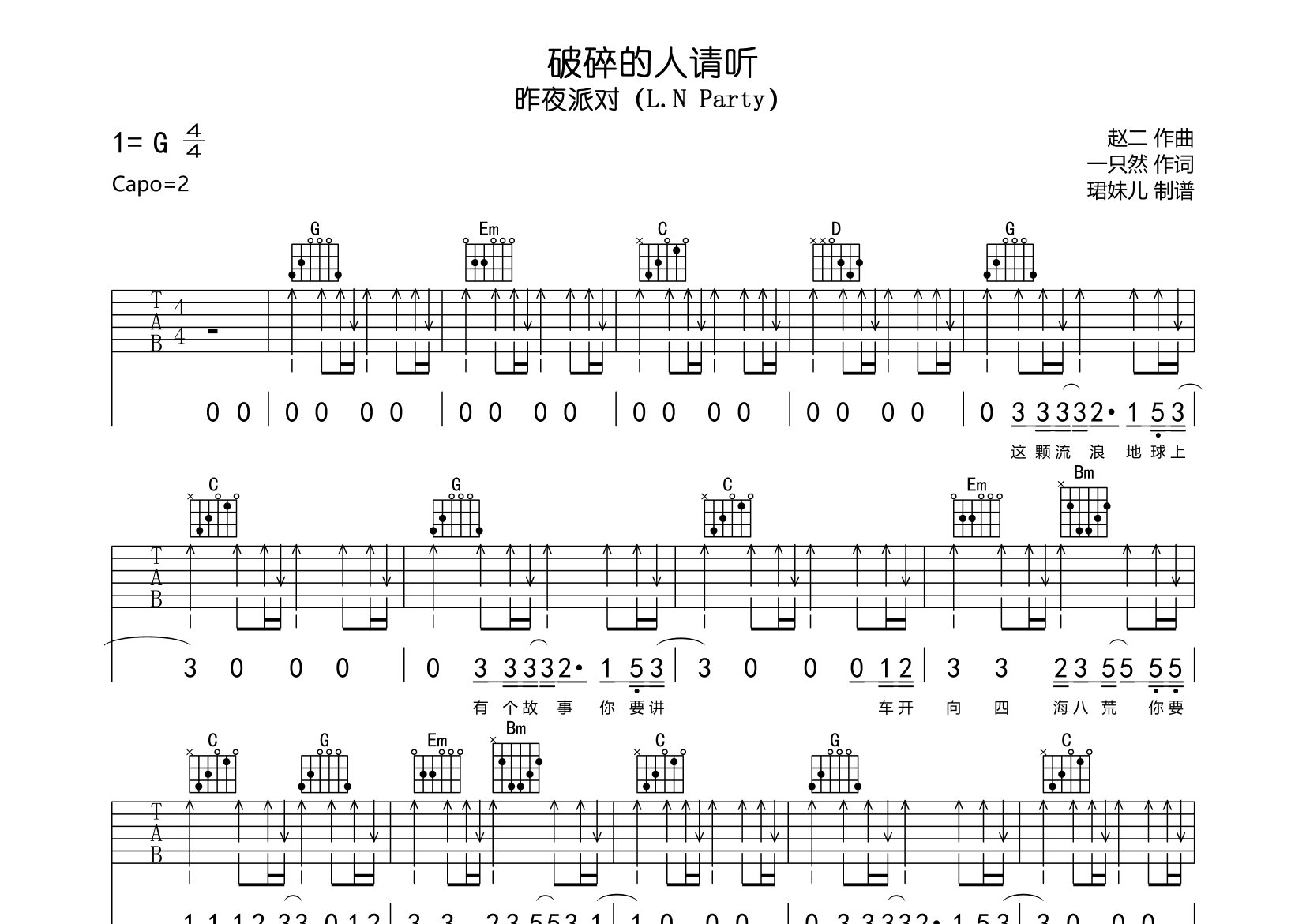 破碎的人请听吉他谱_昨夜派对_G调高清弹唱六线谱