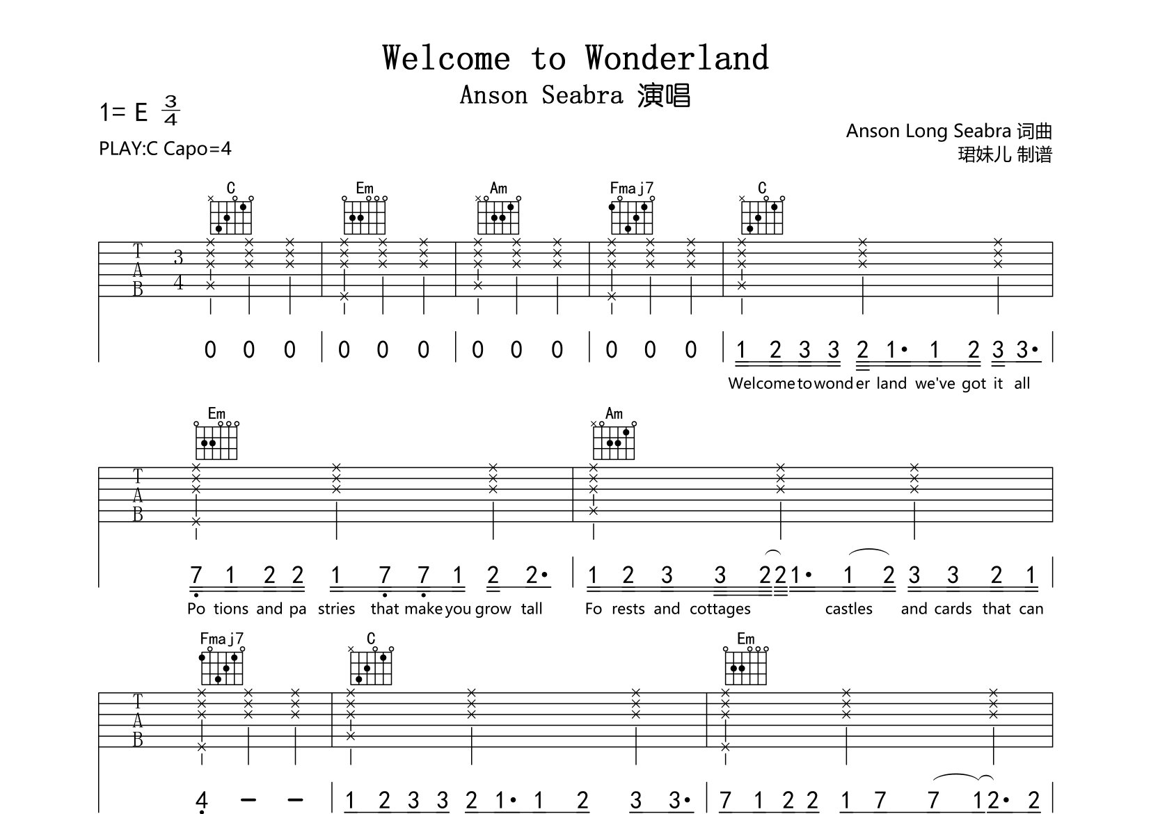 Welcome to Wonderland吉他谱_Anson Seabra_C调弹唱六线谱_珺妹儿上传