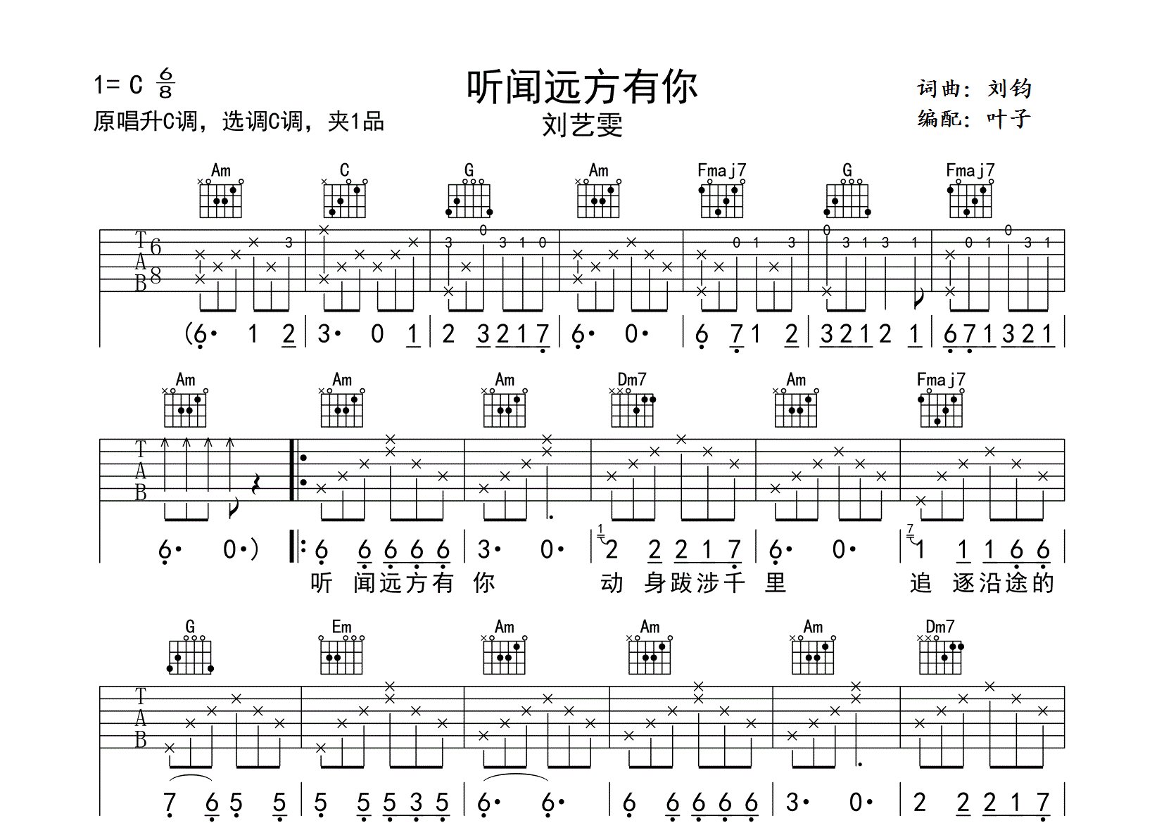 听闻远方有你吉他谱_刘艺雯/刘钧_C调高清弹唱六线谱