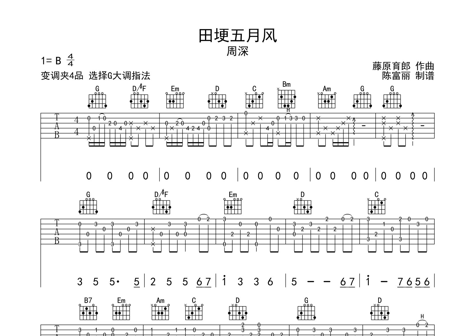 田埂五月风吉他谱_周深_G调弹唱六线谱_断湘弦上传