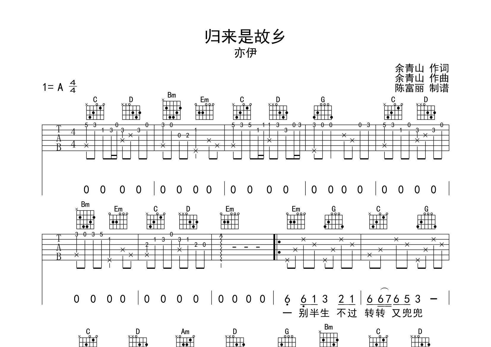 归来是故乡吉他谱_亦伊_G调弹唱六线谱_断湘弦上传