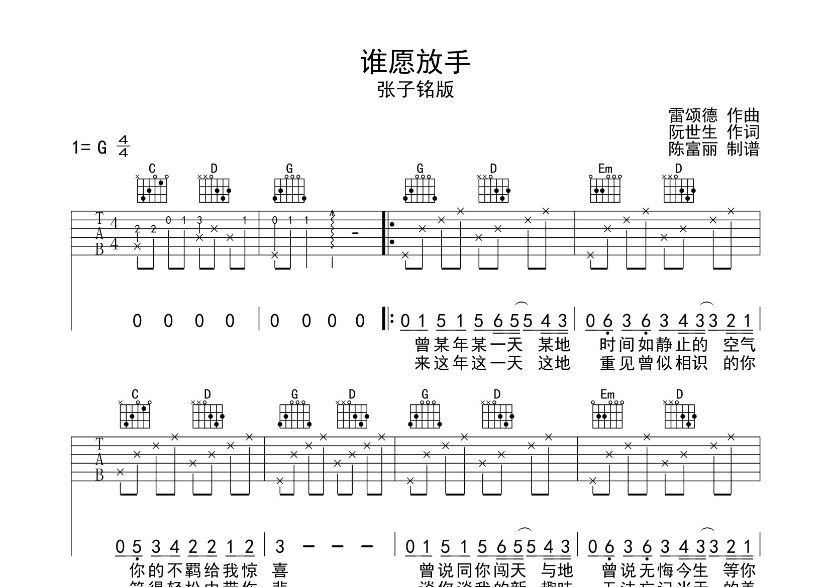 谁愿放手吉他谱_张子铭_G调弹唱六线谱_断湘弦上传