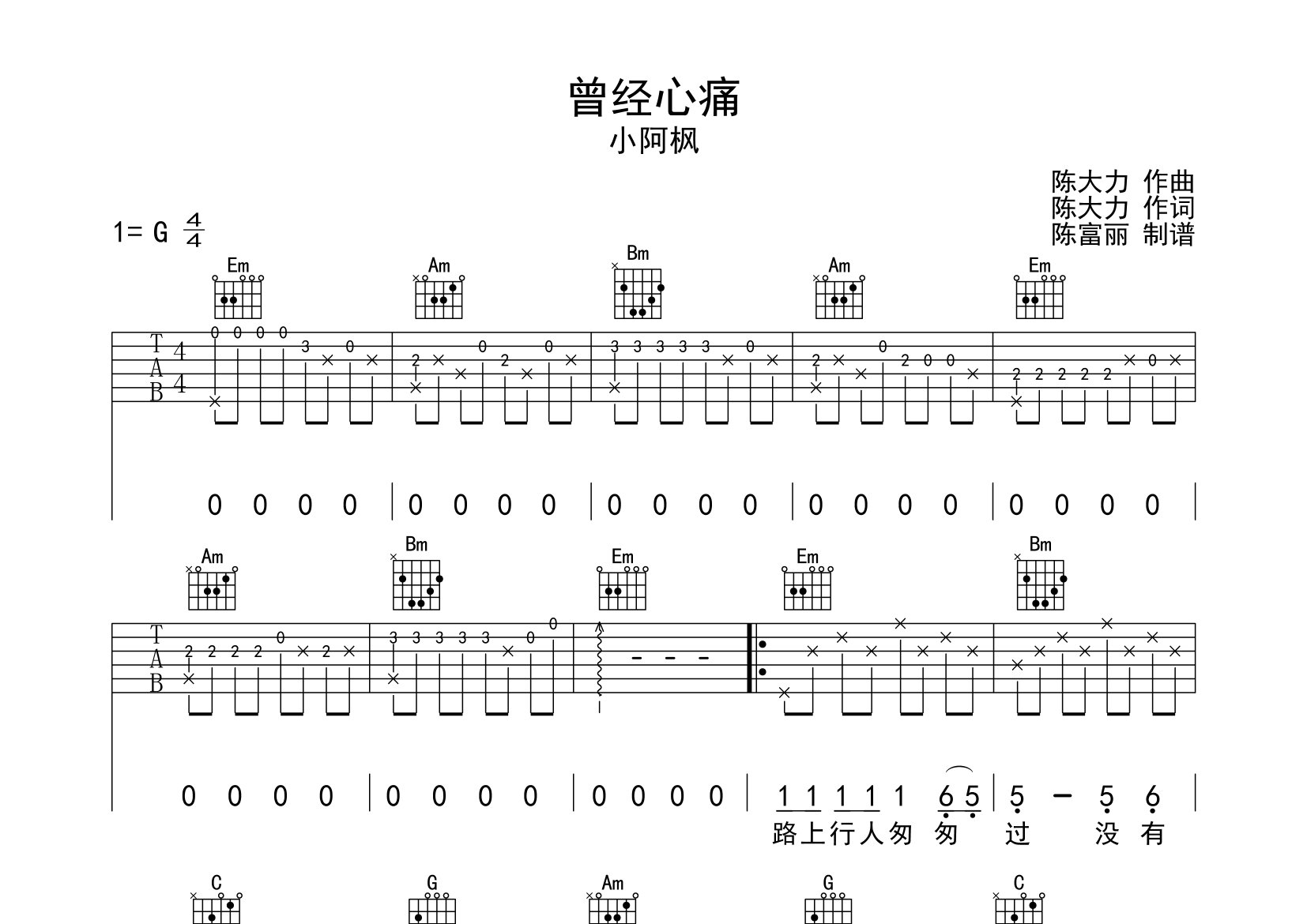 曾經心痛吉他譜_小阿楓_g調彈唱六線譜_斷湘弦上傳