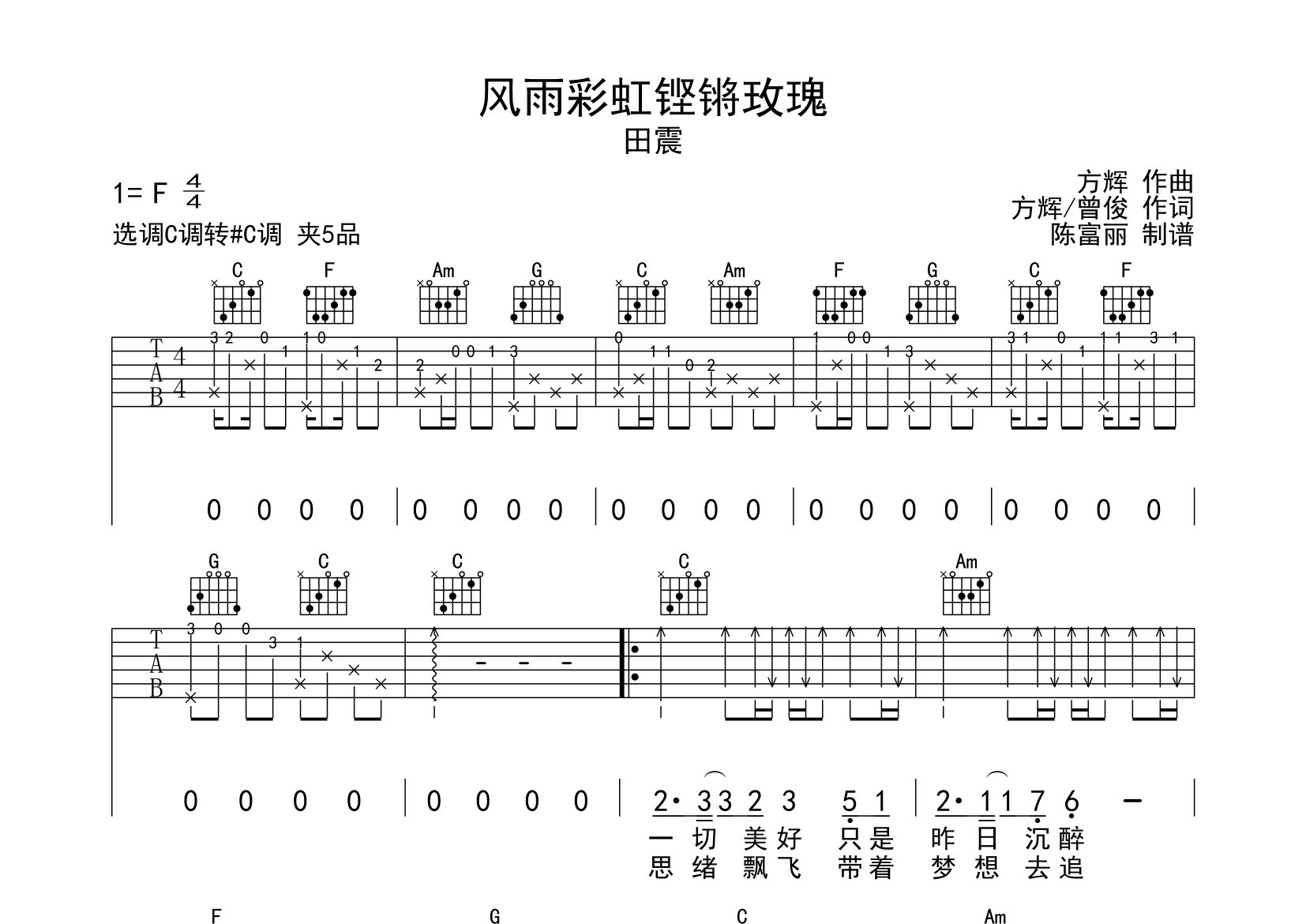 风雨彩虹铿锵玫瑰吉他谱_田震_c调弹唱六线谱_断湘弦上传