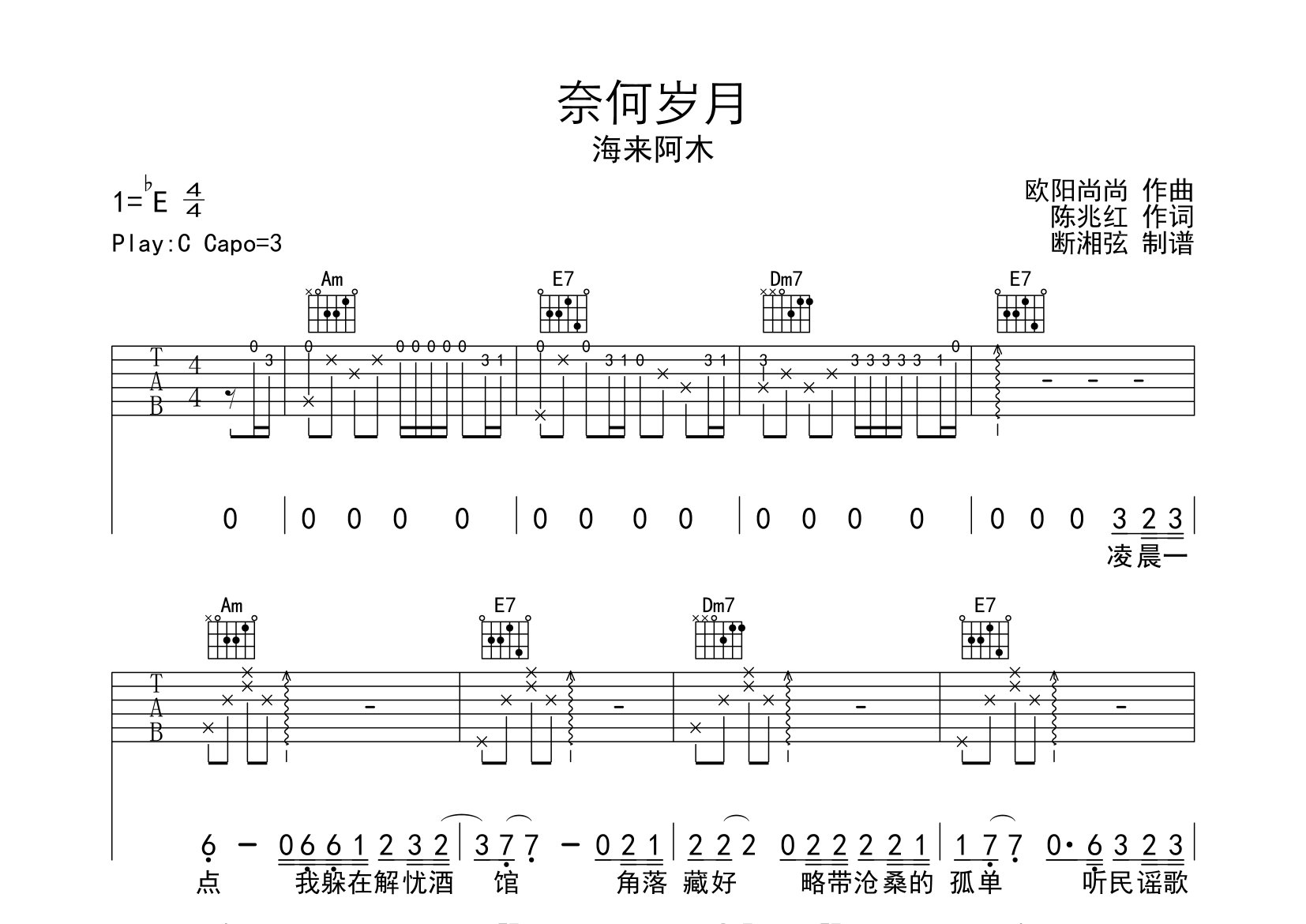 奈何岁月吉他谱_海来阿木_C调弹唱六线谱_断湘弦上传