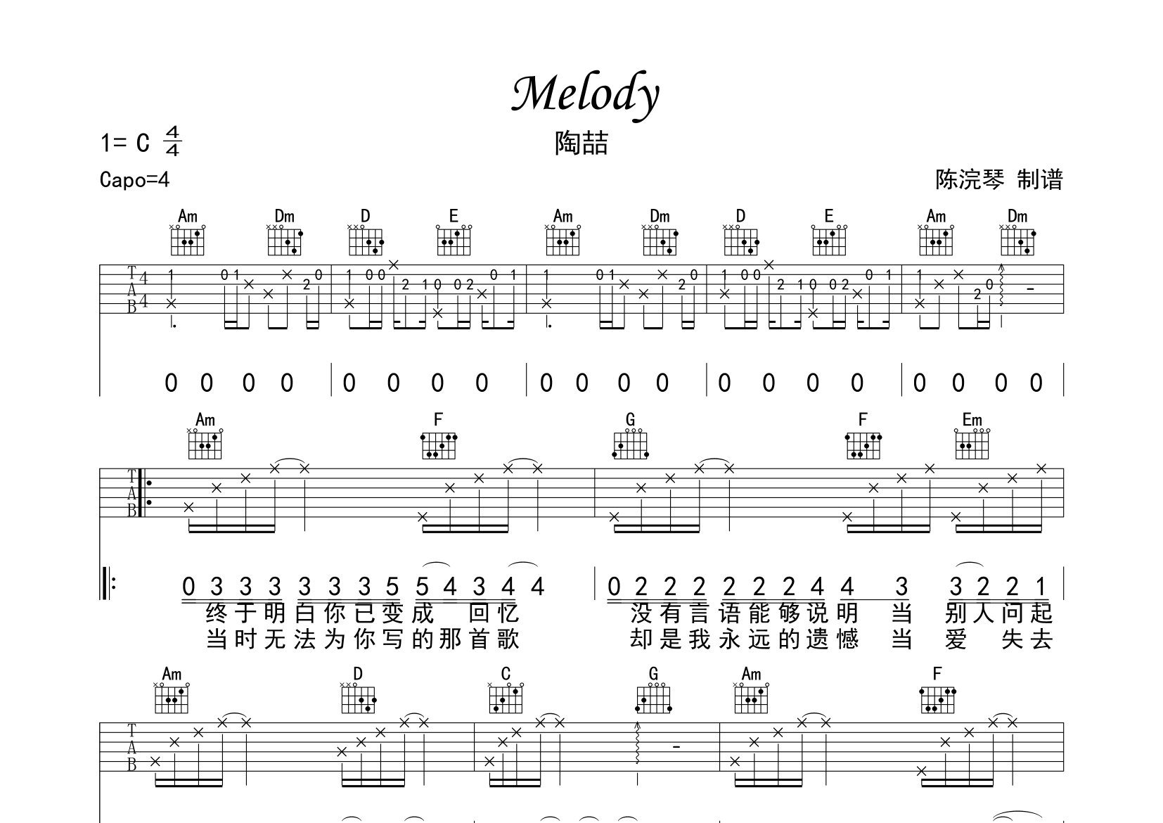 Melody吉他谱_陶喆_C调弹唱六线谱_断湘弦上传