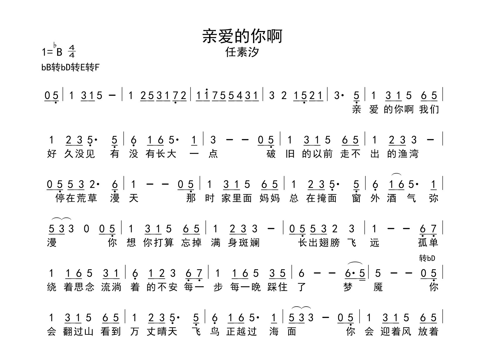 亲爱的你啊简谱_任素汐_歌曲旋律简谱_师渡尘上传