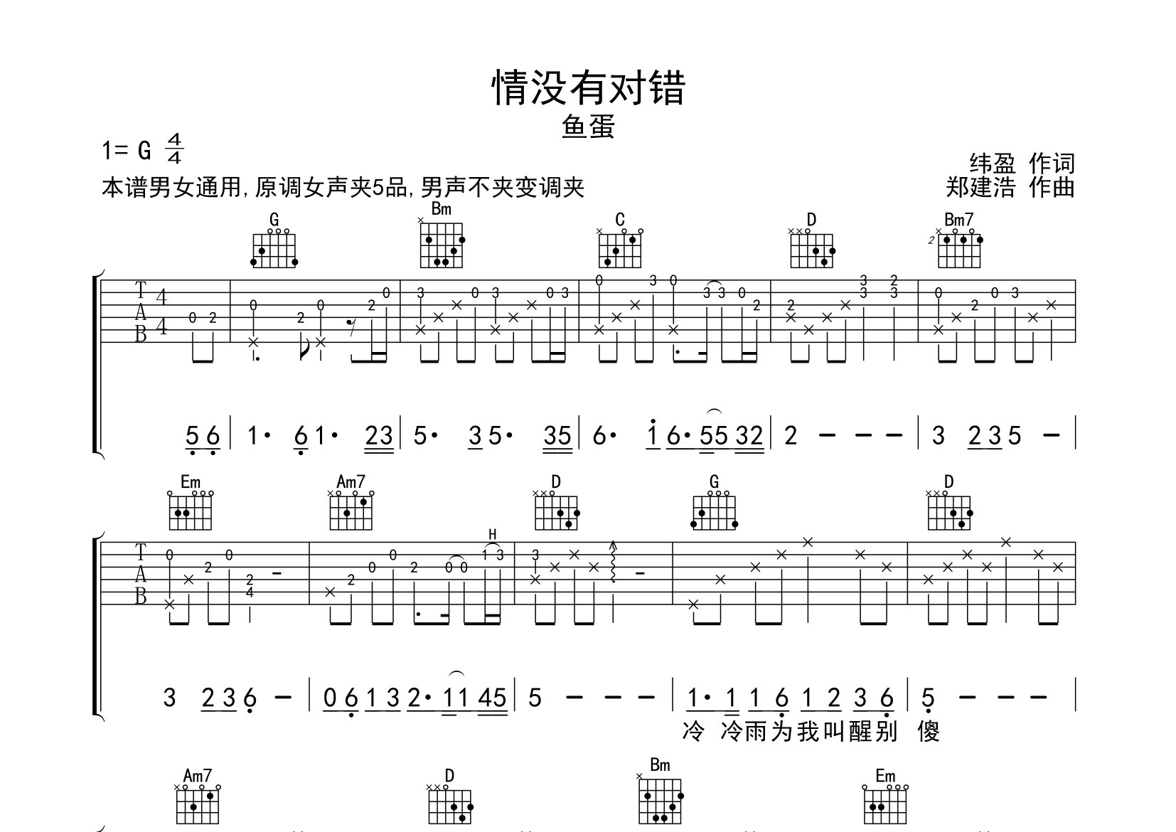 情没有对错吉他谱_鱼蛋_G调弹唱六线谱_师渡尘上传