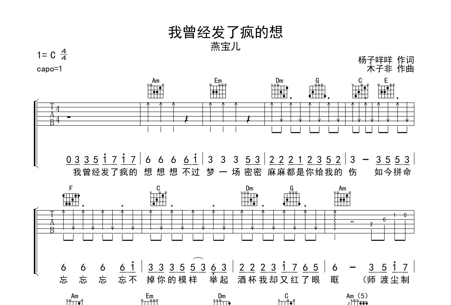 我曾经发了疯的想吉他谱_燕宝儿_C调弹唱六线谱_师渡尘上传