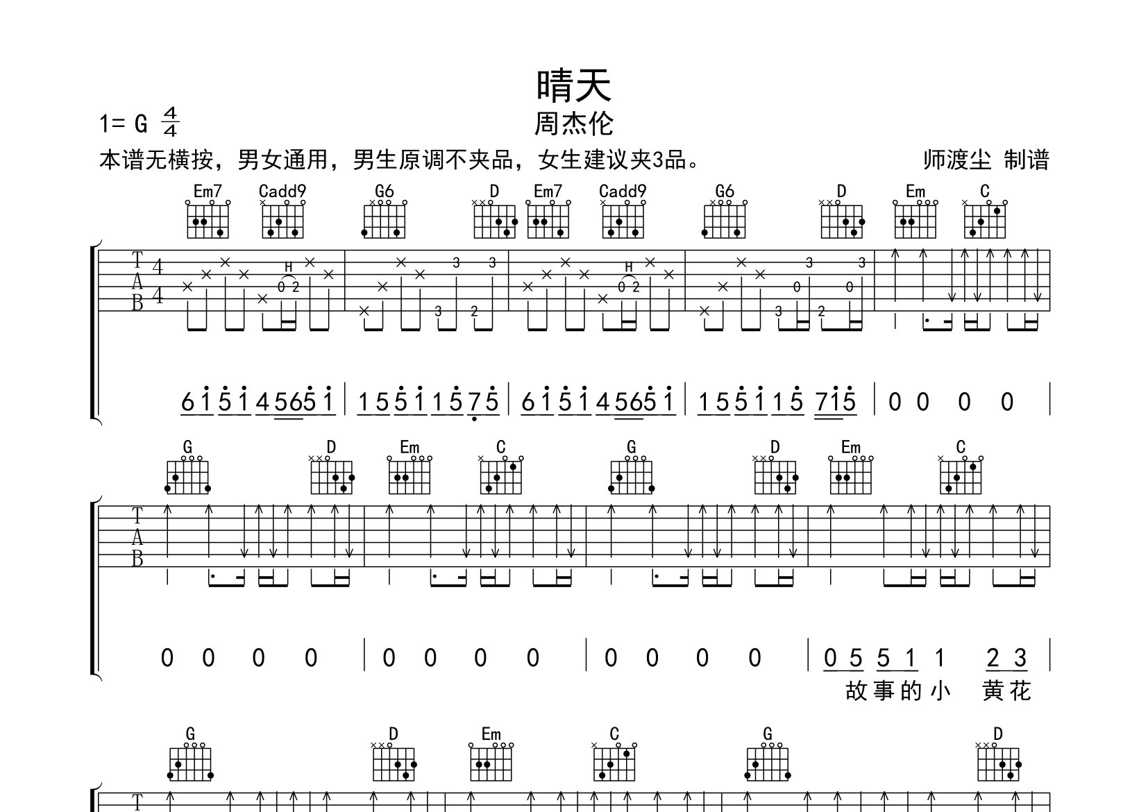 晴天吉他谱_周杰伦_G调弹唱六线谱_师渡尘上传