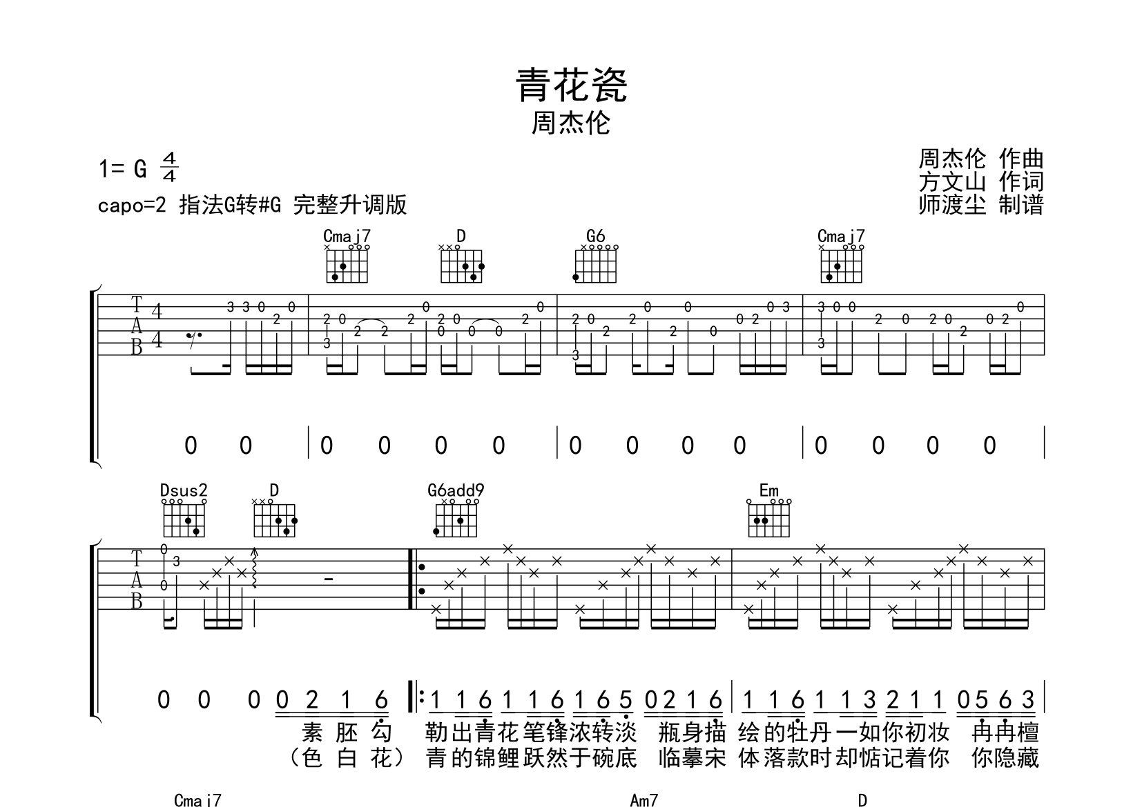 青花瓷吉他谱_周杰伦_G调弹唱六线谱_师渡尘上传