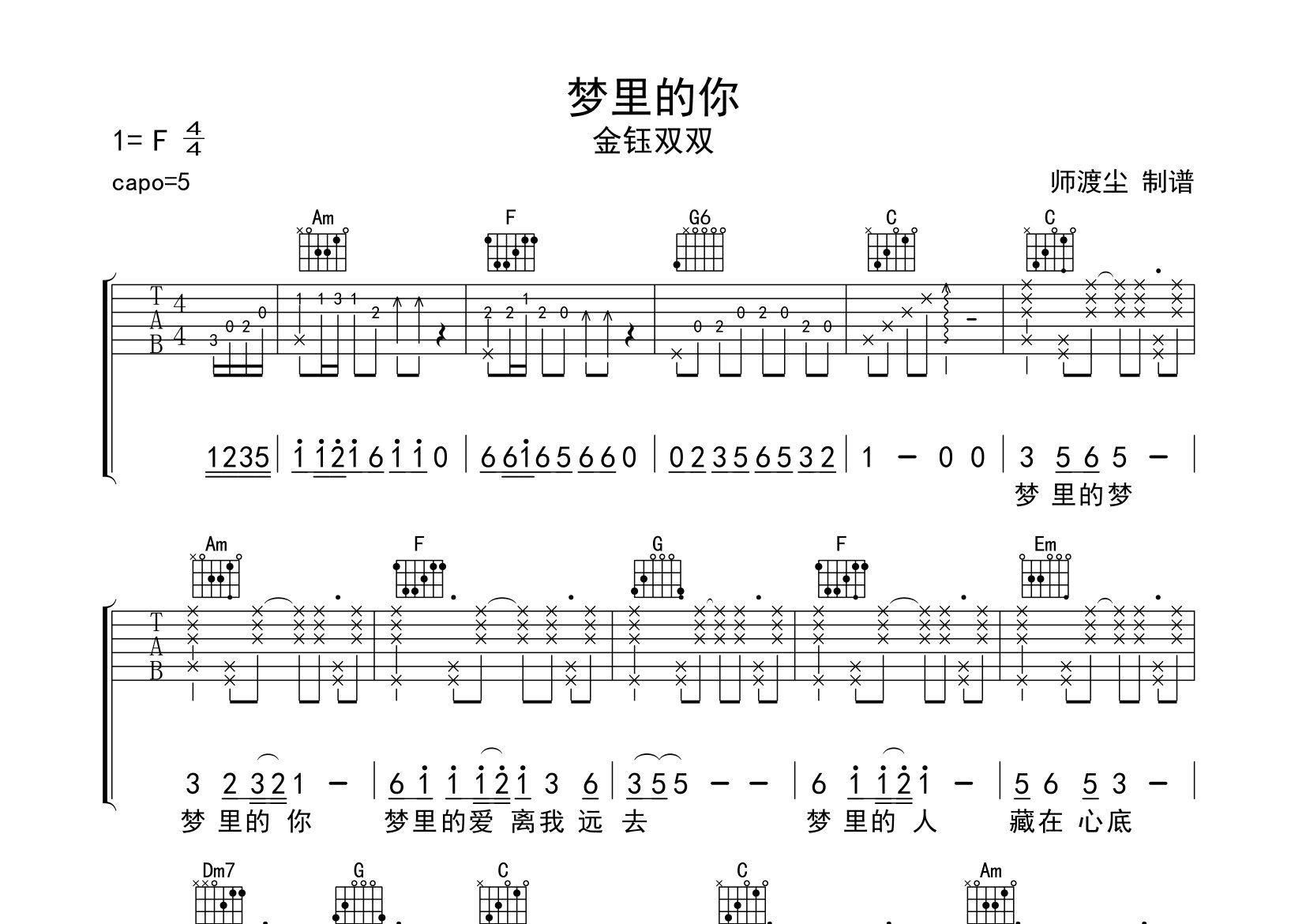 梦里的你吉他谱_金钰双双_C调弹唱六线谱_师渡尘上传