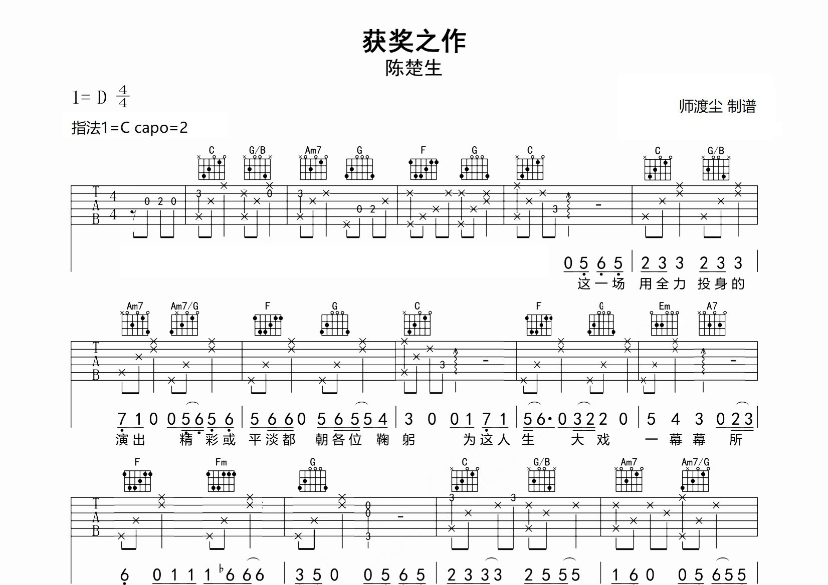 获奖之作吉他谱_陈楚生_C调弹唱六线谱_师渡尘上传