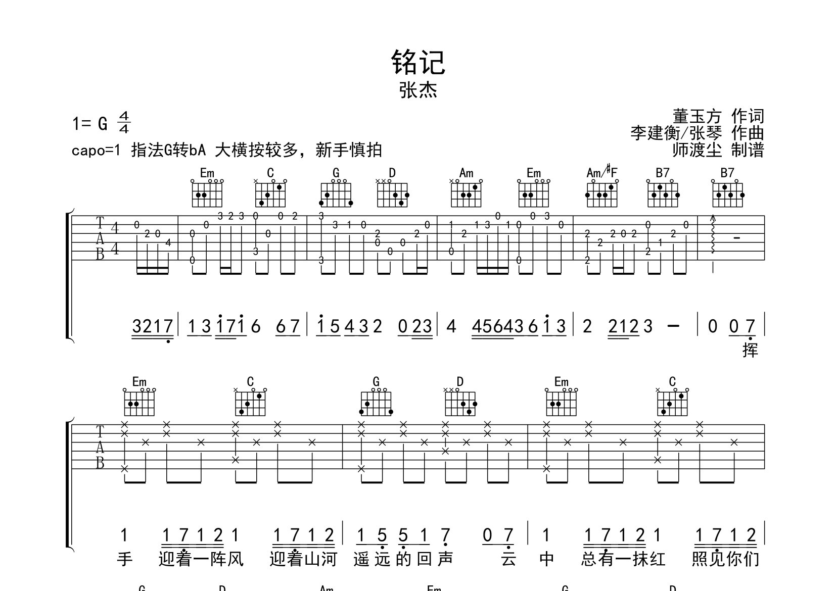 铭记吉他谱_张杰_G调弹唱六线谱_师渡尘上传