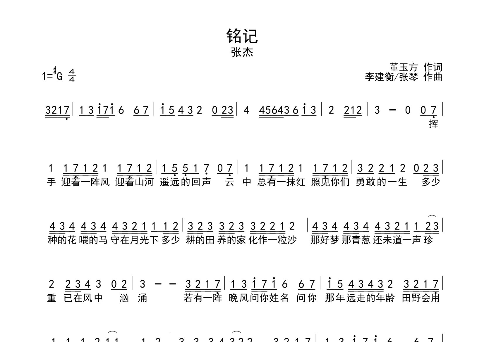 铭记简谱_张杰_铭记歌曲旋律简谱_师渡尘上传