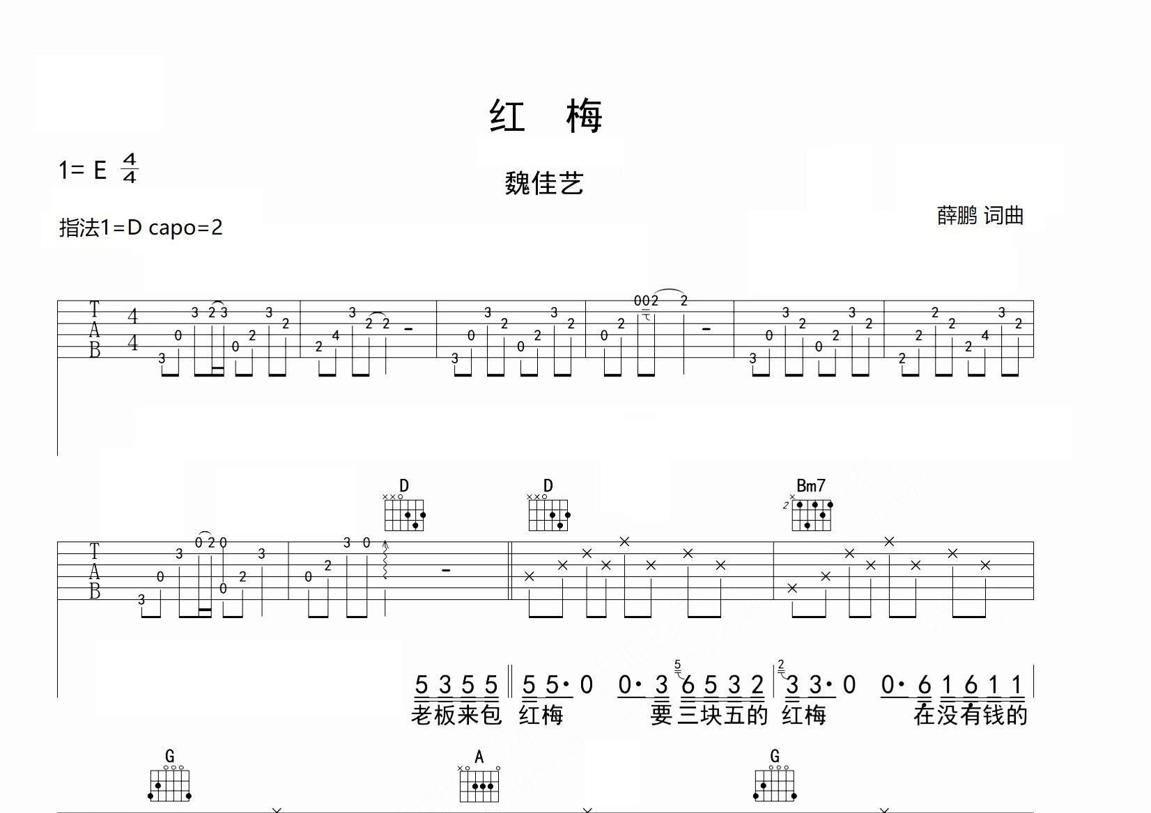 红梅吉他谱_魏佳艺_D调弹唱六线谱_师渡尘上传