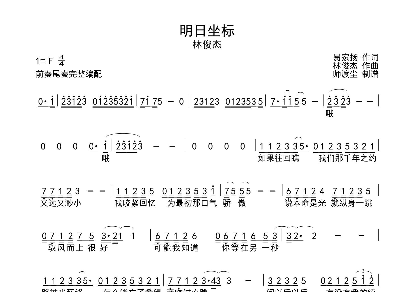 明日坐标简谱_林俊杰_歌曲旋律简谱_师渡尘上传