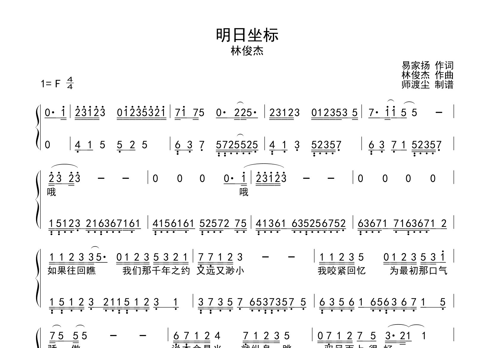 明日坐标钢琴独奏谱_林俊杰_F调双手简谱_师渡尘上传
