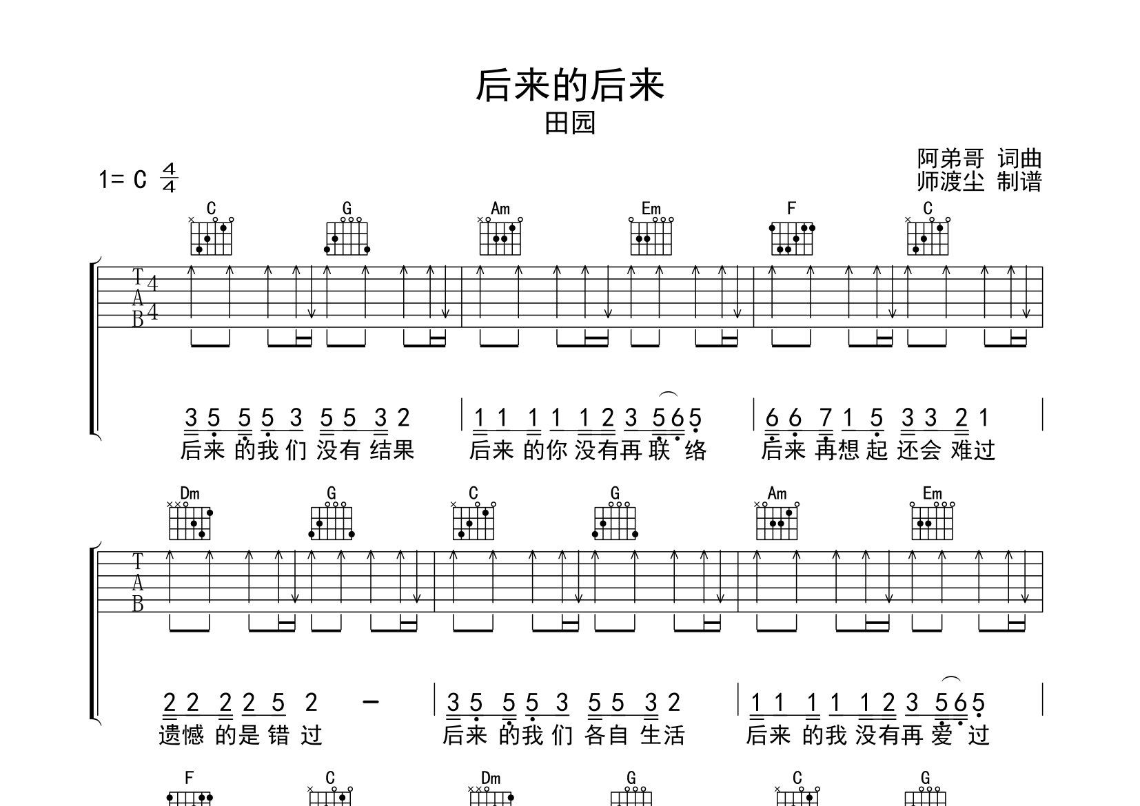 后来的后来吉他谱_田园_C调弹唱六线谱_师渡尘上传