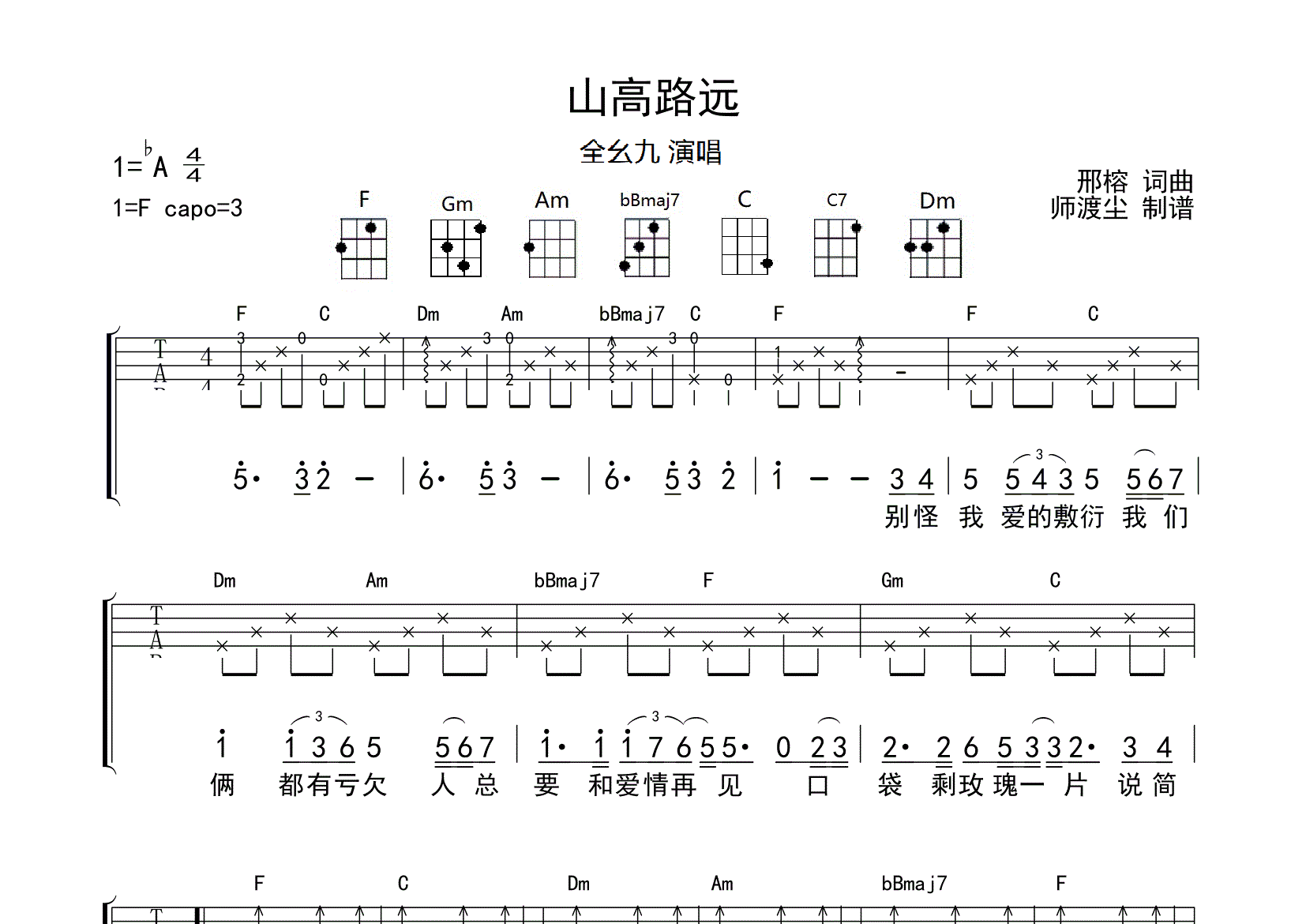 山高路远尤克里里谱_全幺九_F调弹唱谱_师渡尘上传