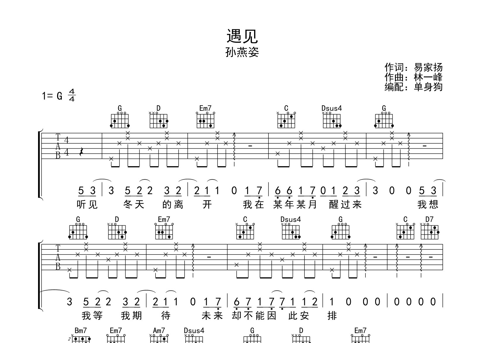 遇见吉他谱_孙燕姿_G调弹唱六线谱_单身狗上传