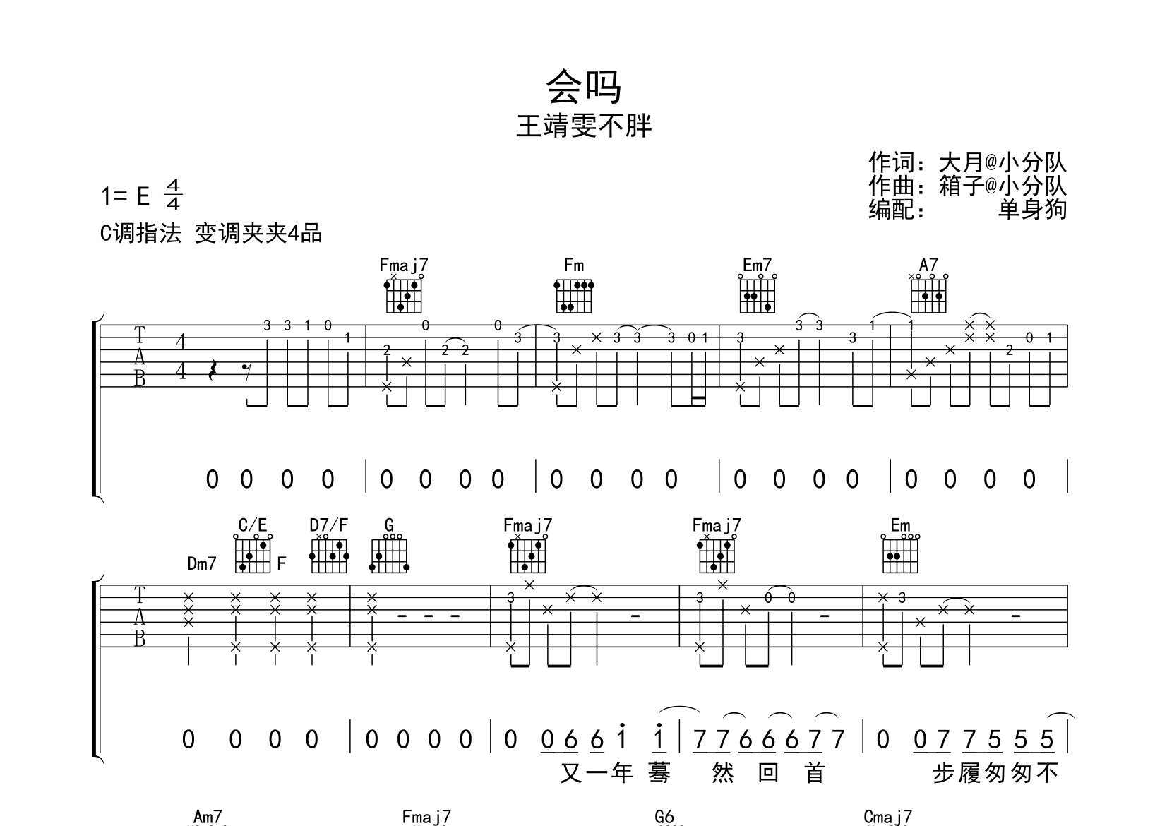 会吗吉他谱_王靖雯不胖_C调弹唱六线谱_单身狗上传