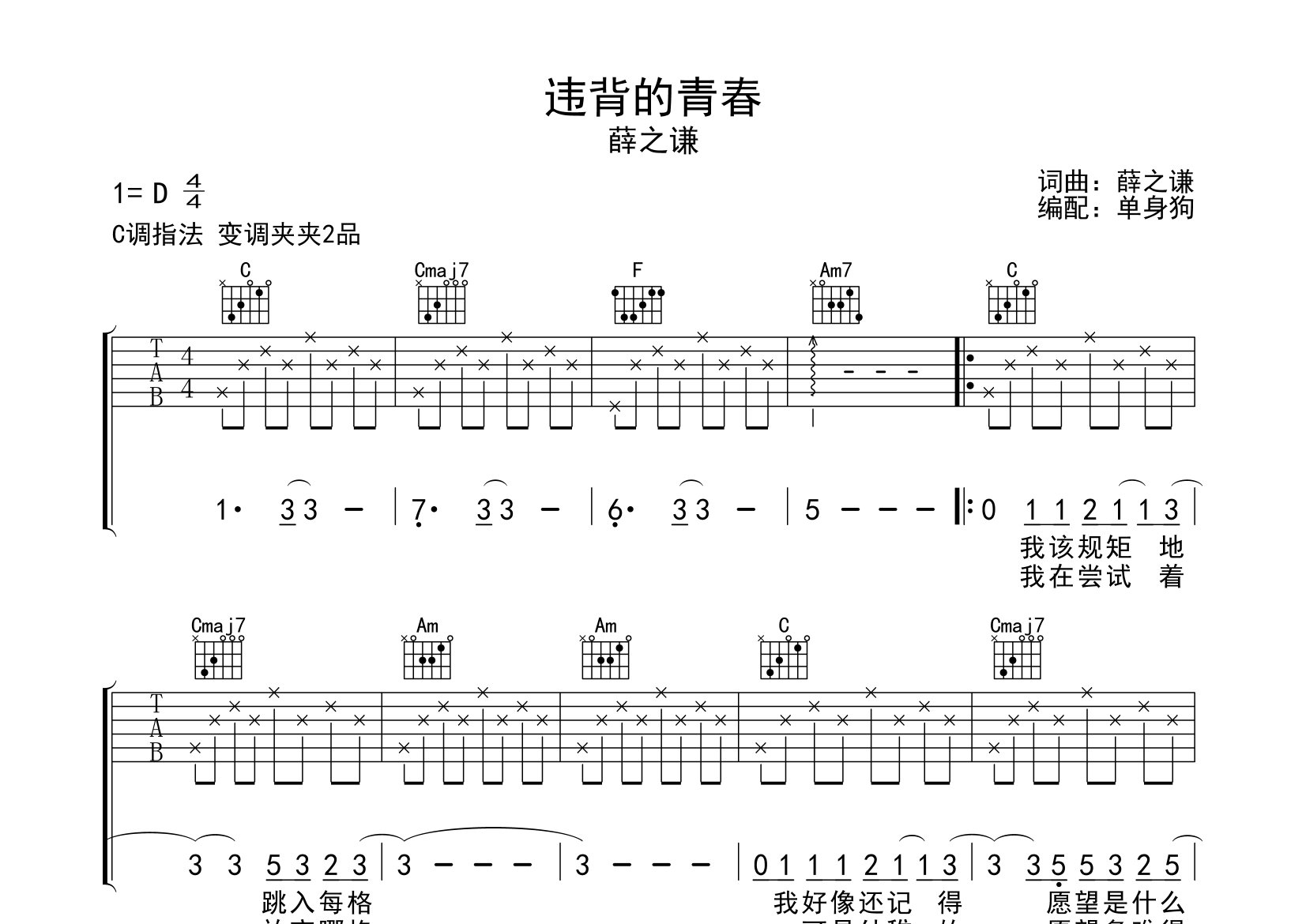 违背的青春吉他谱_薛之谦_C调弹唱六线谱_单身狗上传