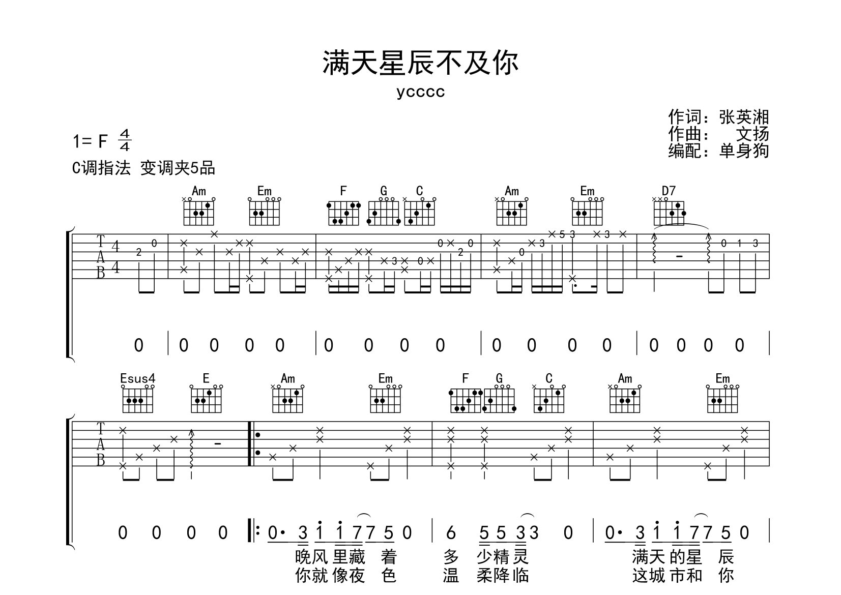 满天星辰不及你吉他谱_ycccc_C调弹唱六线谱_单身狗上传