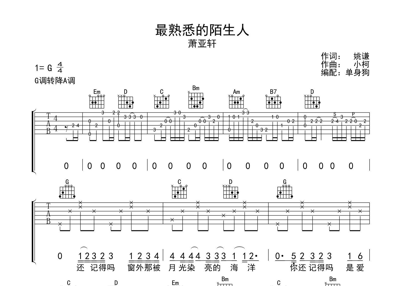 最熟悉的陌生人吉他谱_萧亚轩_G调弹唱六线谱_单身狗上传