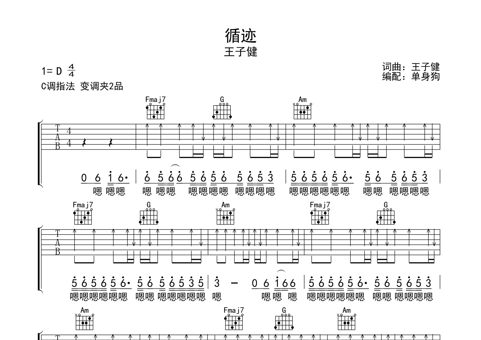 循迹吉他谱_王子健_C调弹唱六线谱_单身狗上传