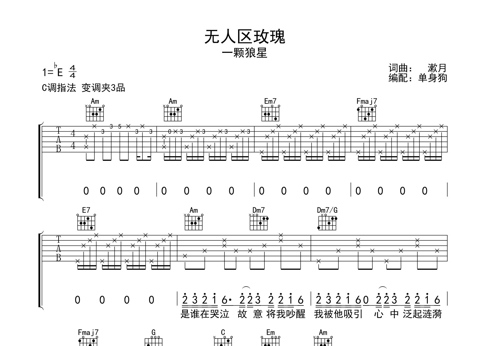 无人区玫瑰吉他谱_一颗狼星_C调弹唱六线谱_单身狗上传