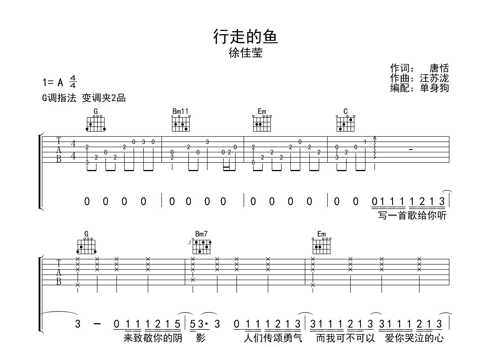 行走的鱼吉他谱_徐佳莹_G调弹唱六线谱_单身狗上传