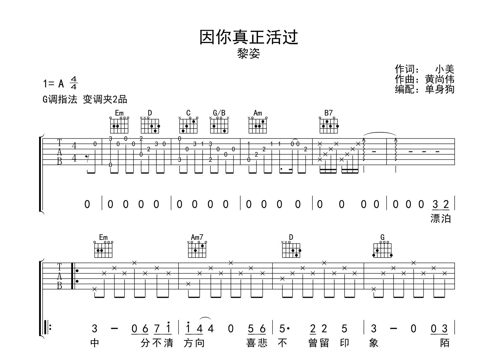 因你真正活过吉他谱_黎姿_G调弹唱六线谱_单身狗上传