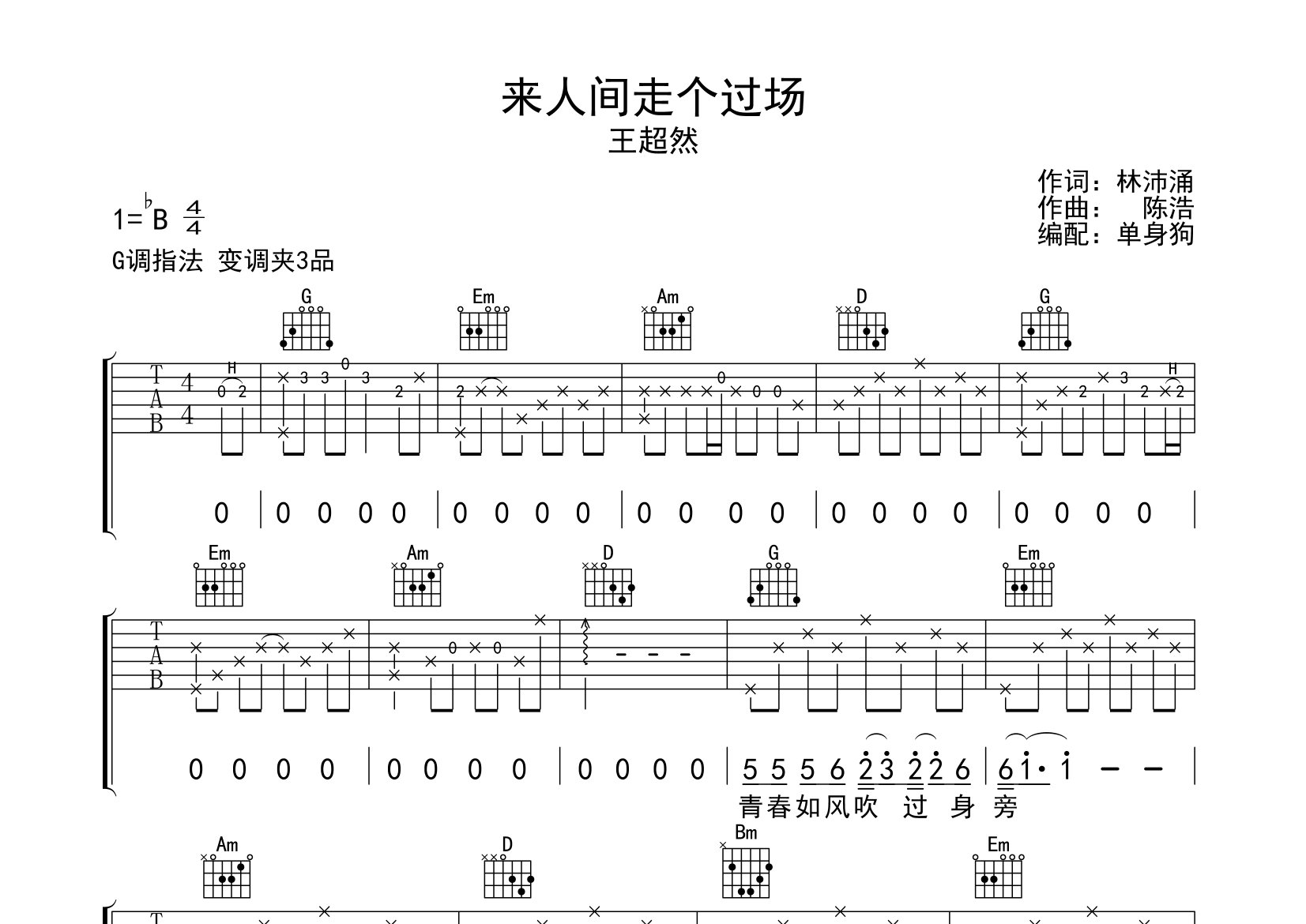 来人间走个过场吉他谱_王超然_G调弹唱六线谱_单身狗上传