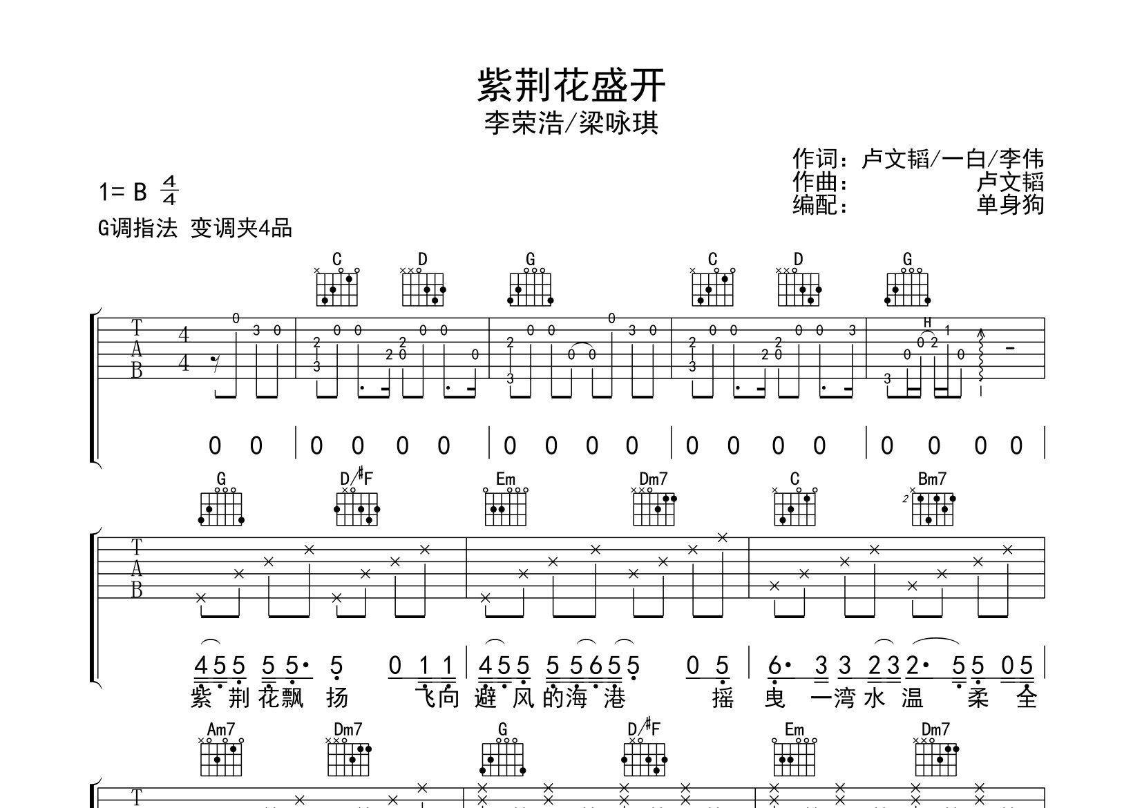 紫荆花盛开吉他谱_李荣浩/梁咏琪_G调弹唱六线谱_单身狗上传