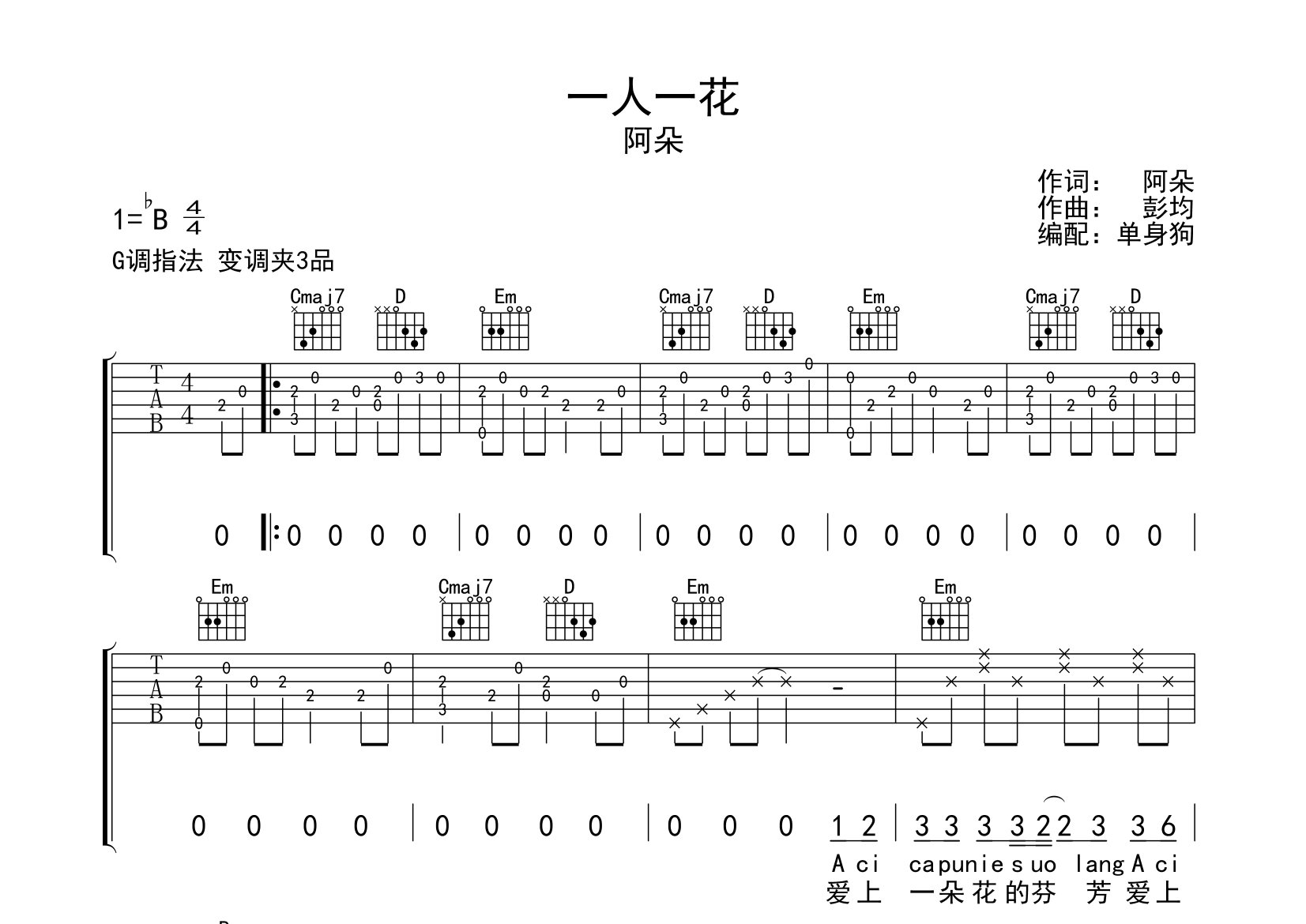 一人一花阿朵吉他谱图片