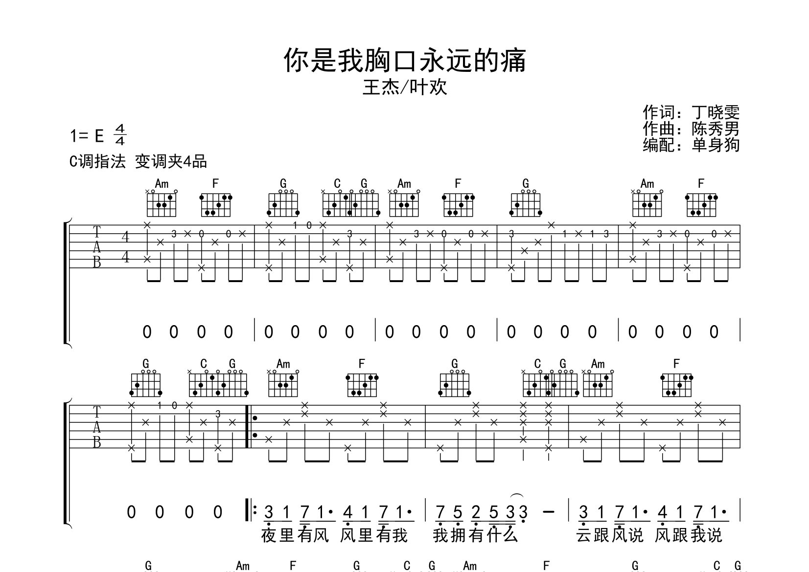 你是我胸口永远的痛吉他谱_王杰/叶欢_C调弹唱六线谱