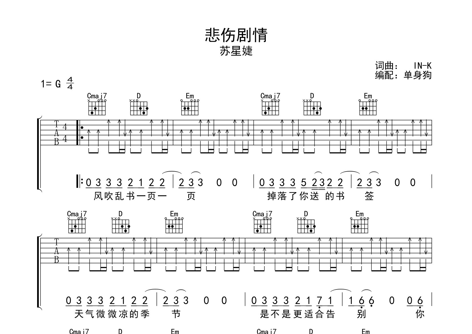悲伤剧情吉他谱_苏星婕_G调弹唱六线谱_单身狗上传