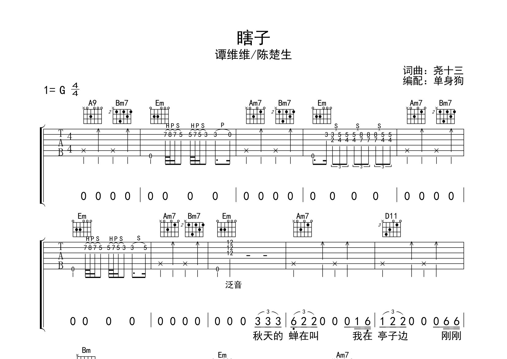 瞎子吉他谱_谭维维/陈楚生_G调弹唱六线谱_单身狗上传