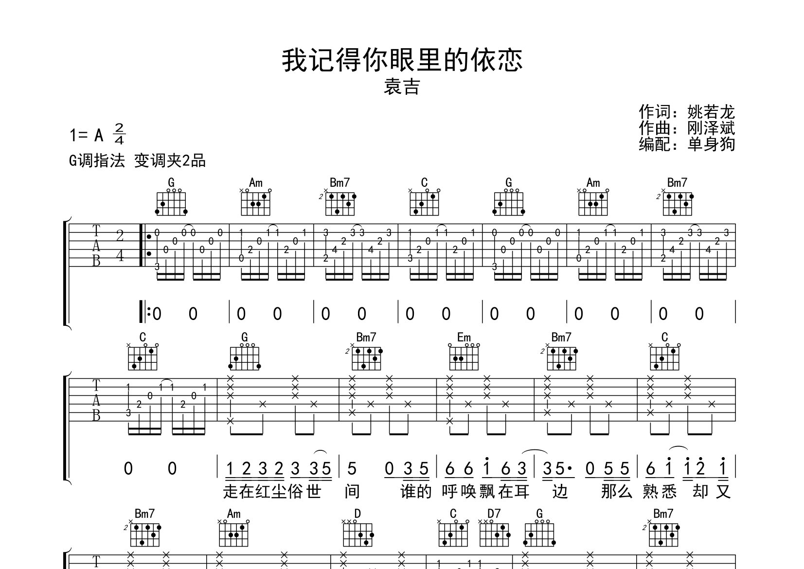 我记得你眼里的依恋吉他谱_袁吉_G调弹唱六线谱_单身狗上传