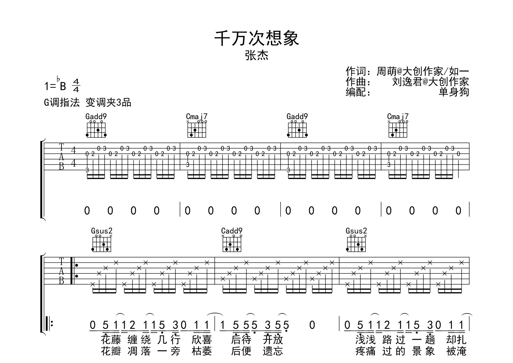 千万次想象吉他谱_张杰_G调弹唱六线谱_单身狗上传