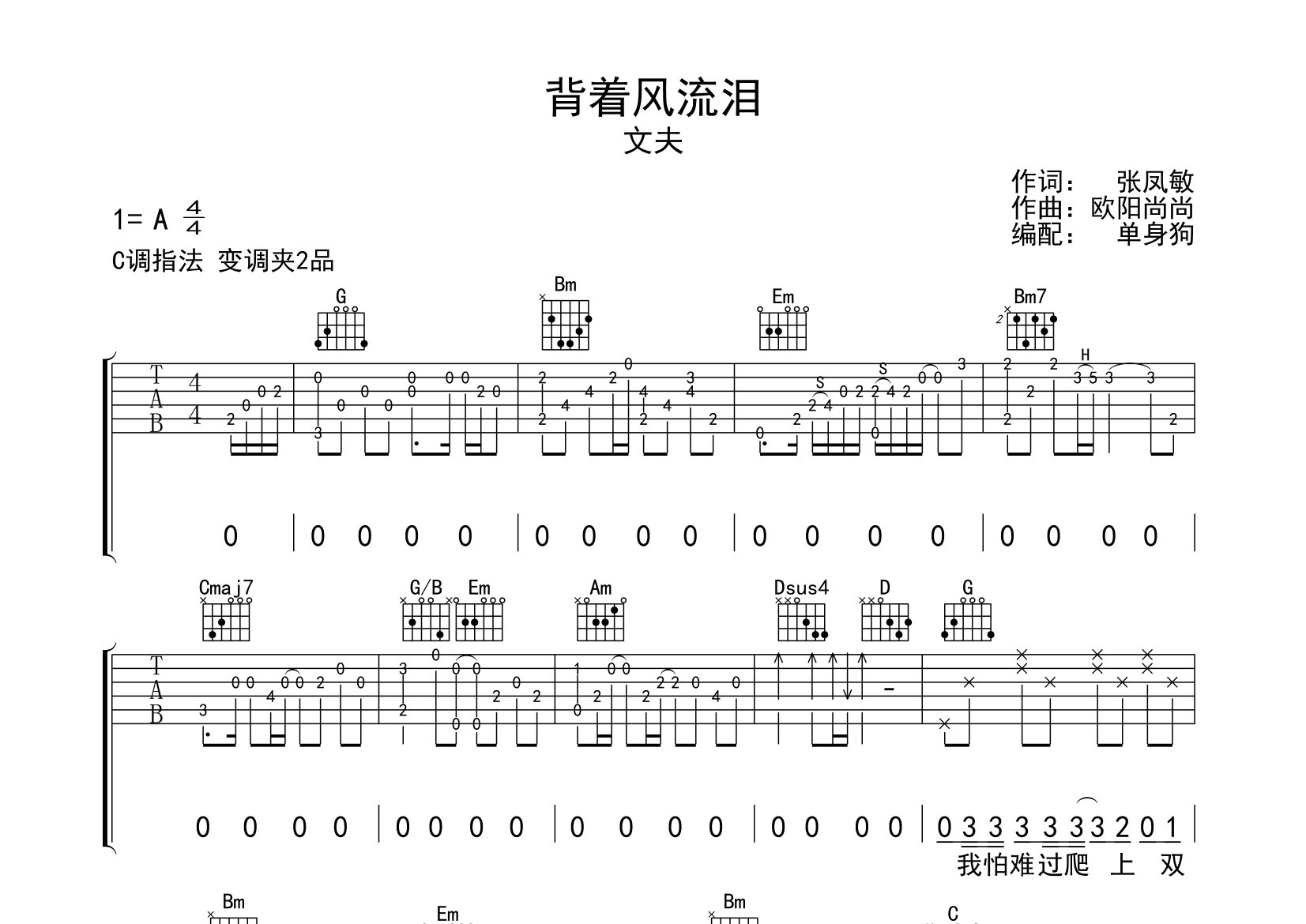 背着风流泪吉他谱_文夫_G调弹唱六线谱_单身狗上传