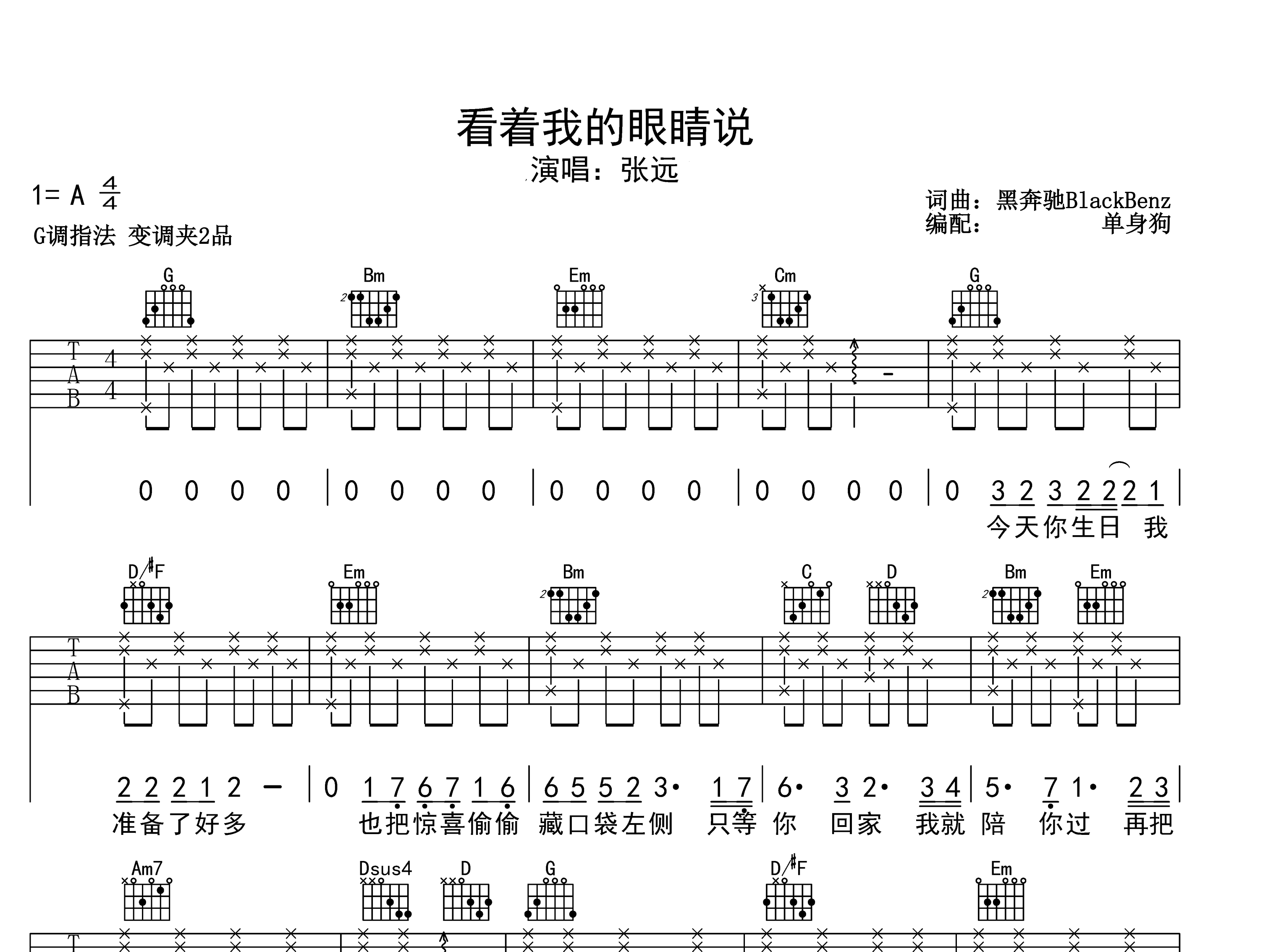 看着我的眼睛说吉他谱_张远_G调弹唱六线谱_单身狗上传