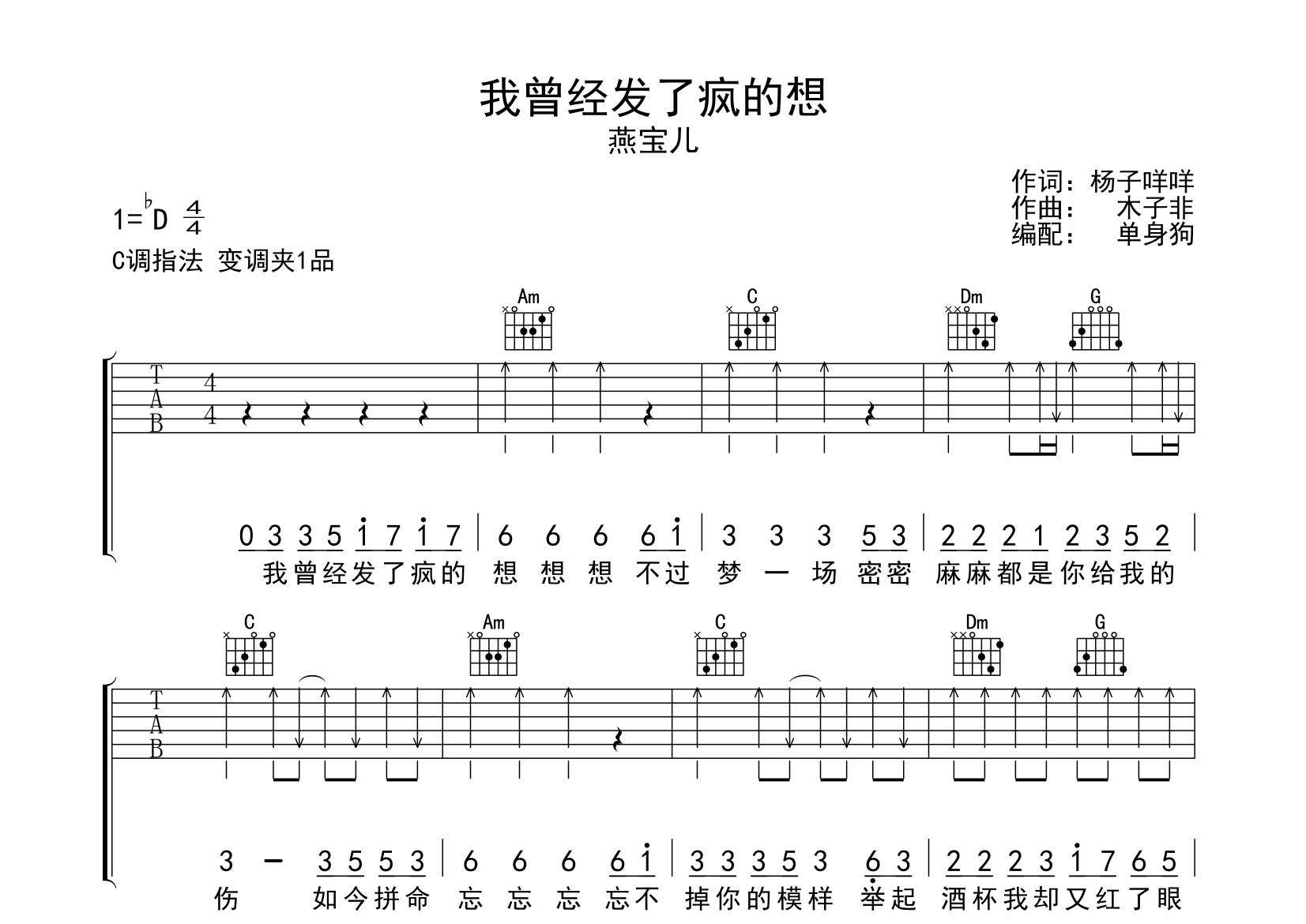 我曾经发了疯的想吉他谱_燕宝儿_C调弹唱六线谱_单身狗上传