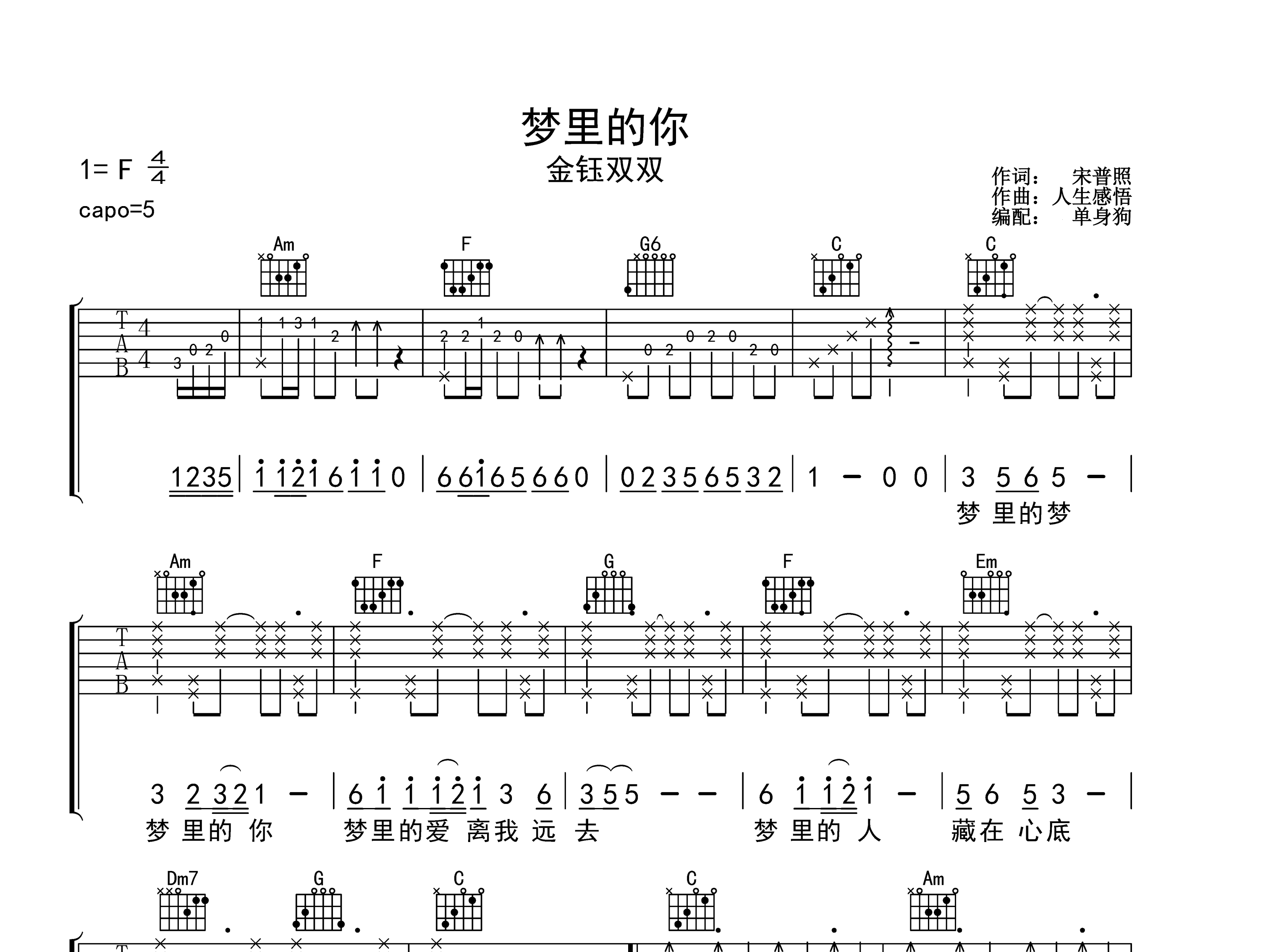 梦里的你吉他谱_金钰双双_C调弹唱六线谱_单身狗上传