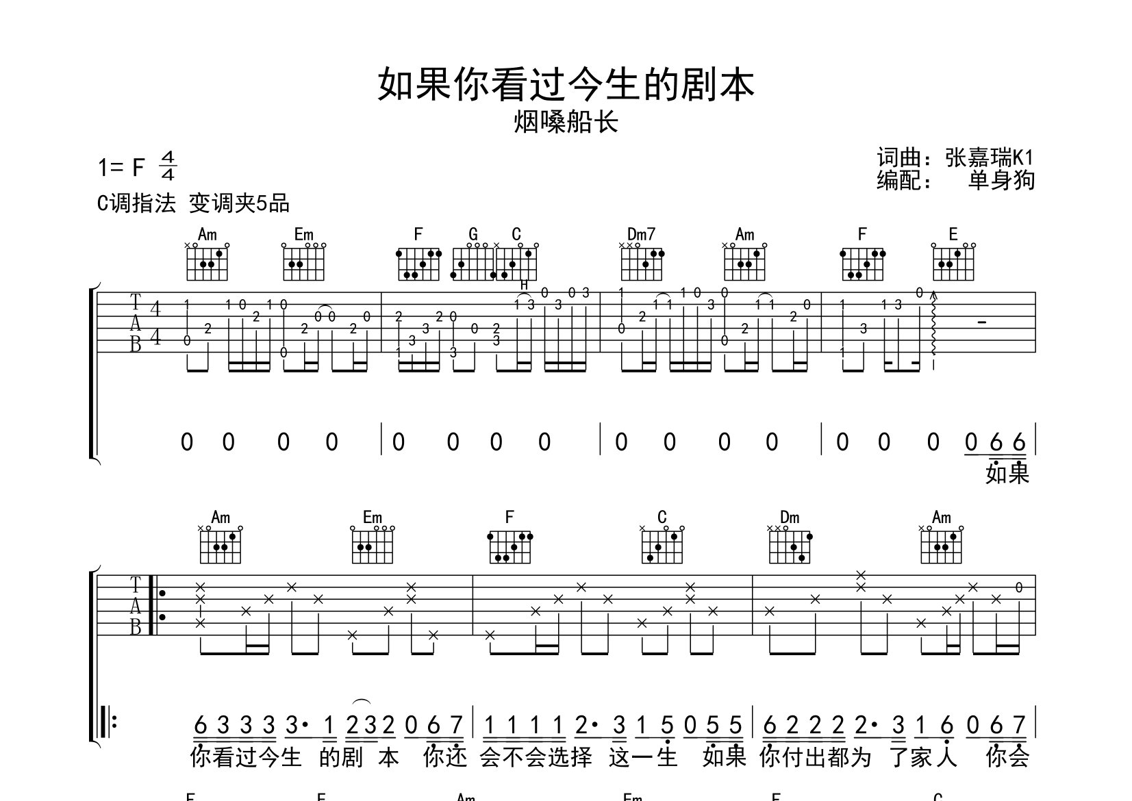 如果你看过今生的剧本吉他谱_烟嗓船长_C调弹唱谱