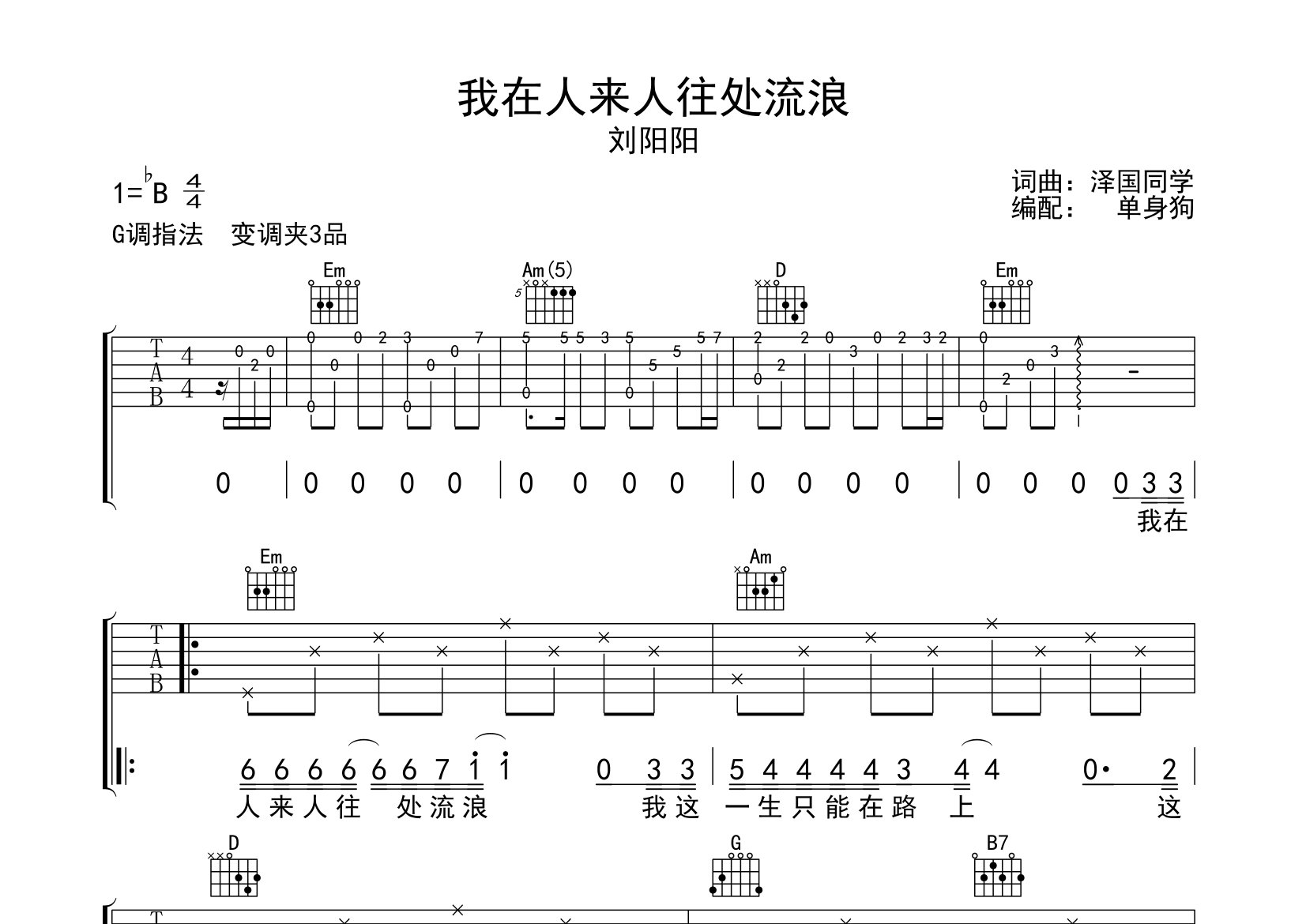 我在人来人往处流浪吉他谱_刘阳阳_G调弹唱谱_单身狗上传