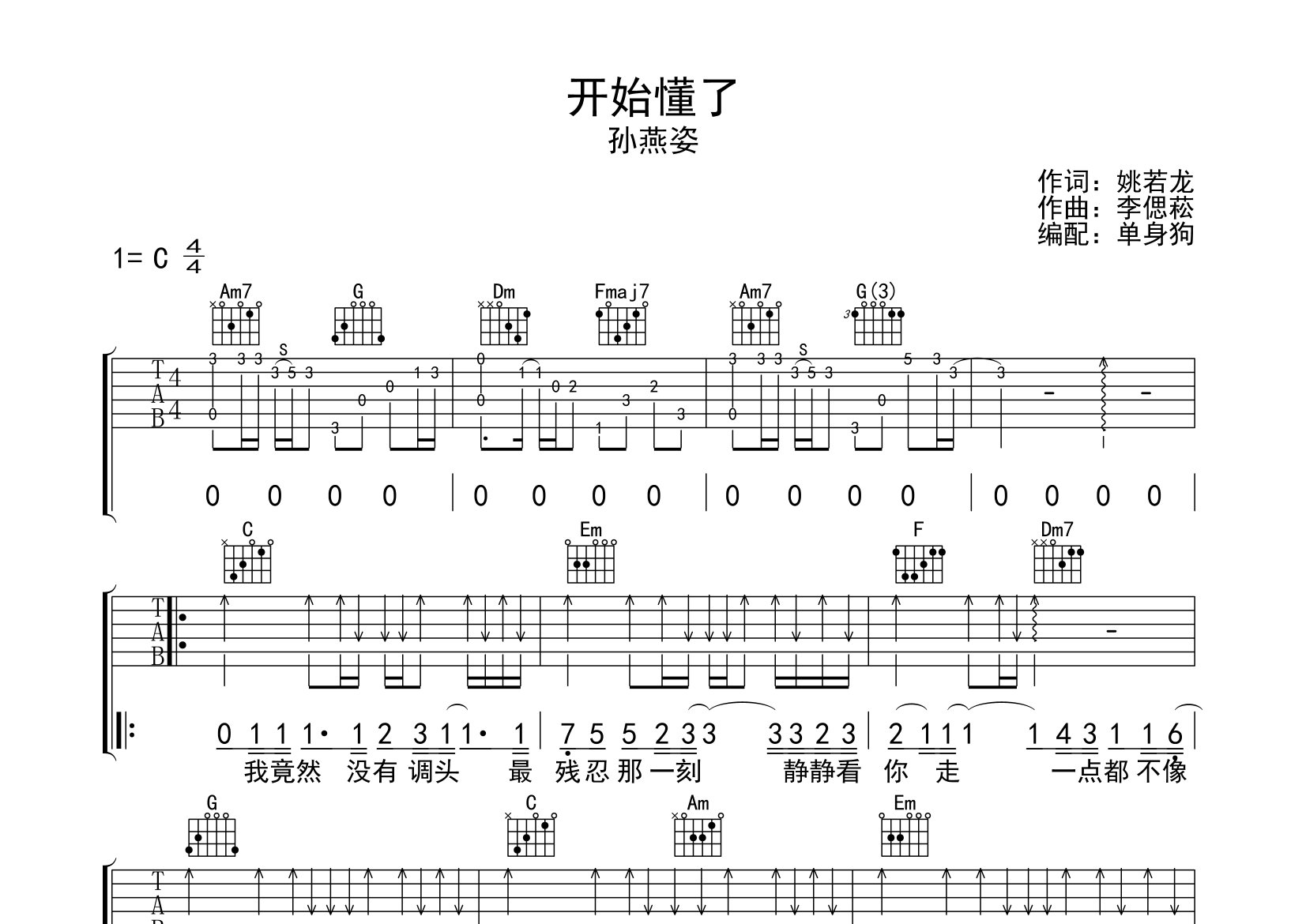 开始懂了吉他谱_孙燕姿_C调弹唱六线谱_单身狗上传